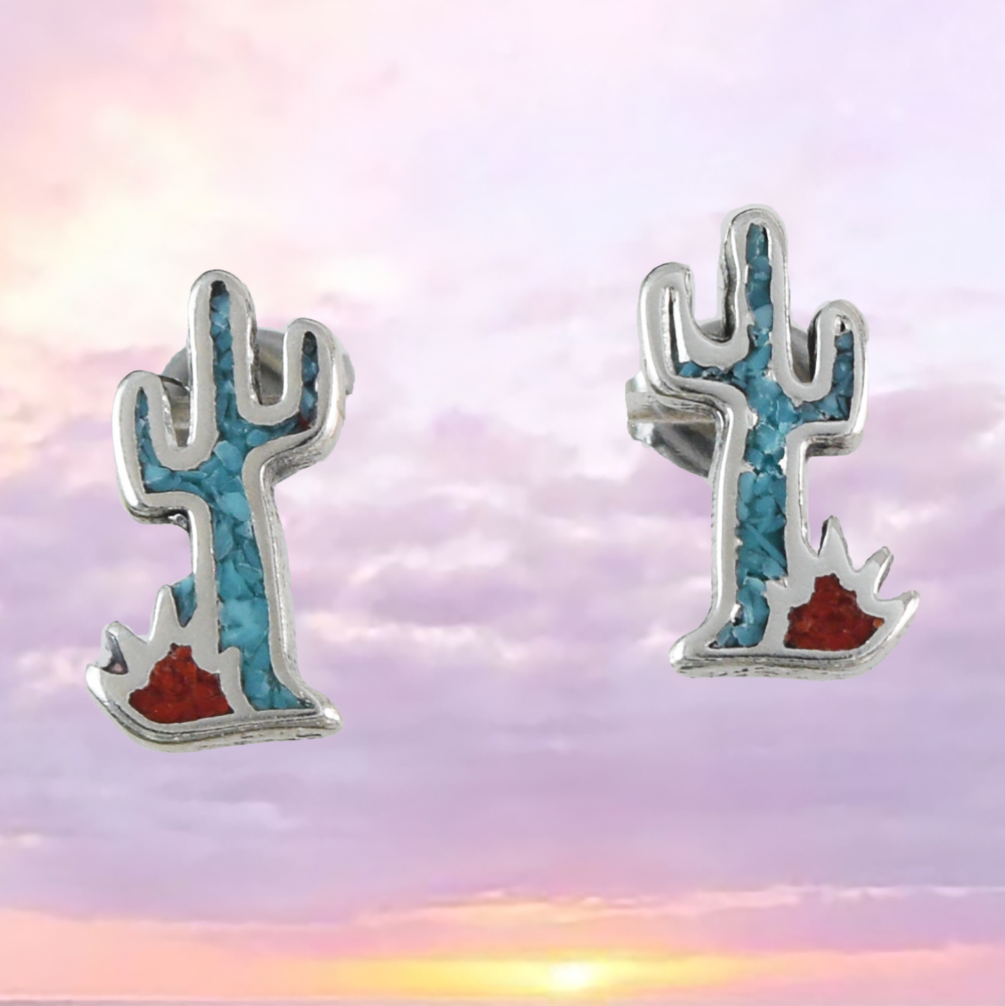 Texan Cactus Earrings, Sterling Silver Turquoise Cactus Post Stud Earring, E9453 Birthday Mother Gift, Texan Jewelry