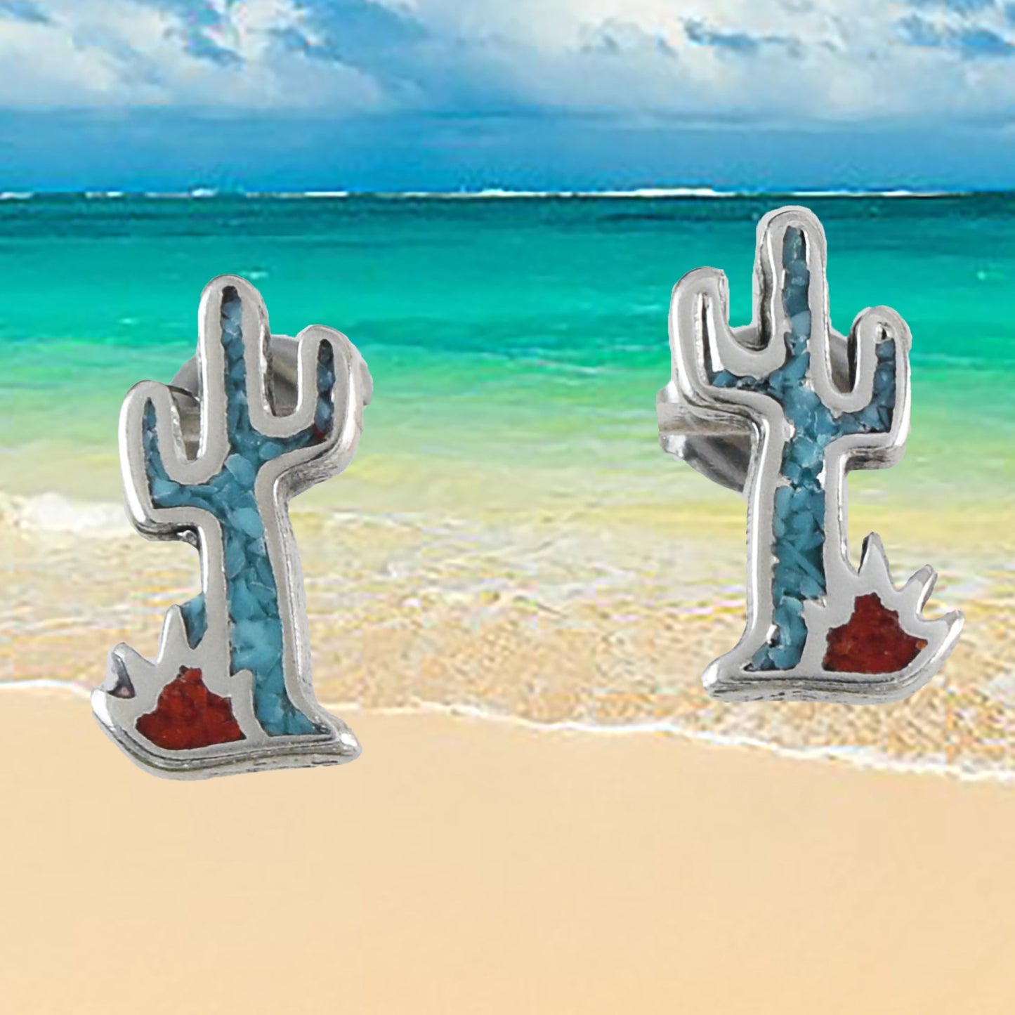 Texan Cactus Earrings, Sterling Silver Turquoise Cactus Post Stud Earring, E9453 Birthday Mother Gift, Texan Jewelry
