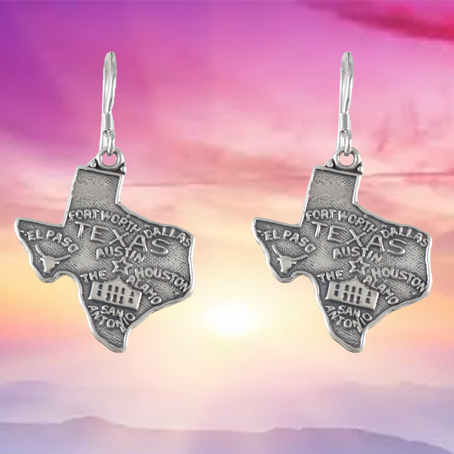 Texas Map Earrings, Sterling Silver Map of Texas Dangle Earrings, E9457 Birthday Mother Gift, Texan Jewelry