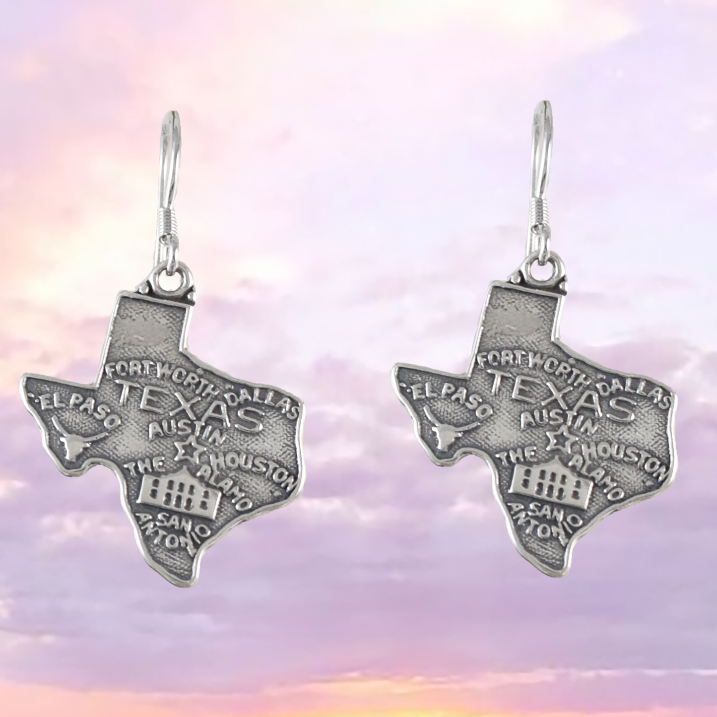 Texas Map Earrings, Sterling Silver Map of Texas Dangle Earrings, E9457 Birthday Mother Gift, Texan Jewelry