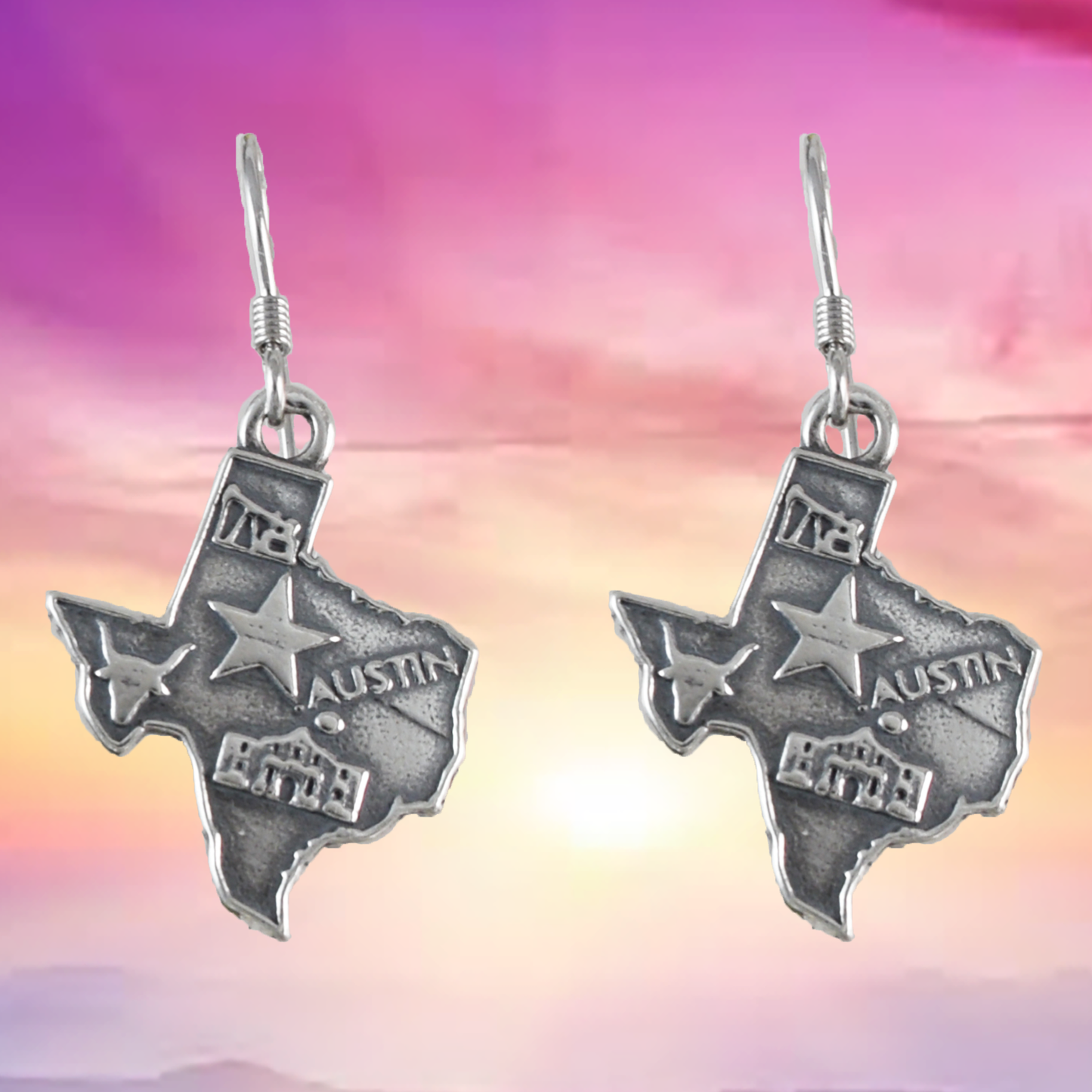 Map of Texas Earrings, Sterling Silver Texas State Map Dangle Earrings, E9460 Birthday Mother Gift, Texan Jewelry