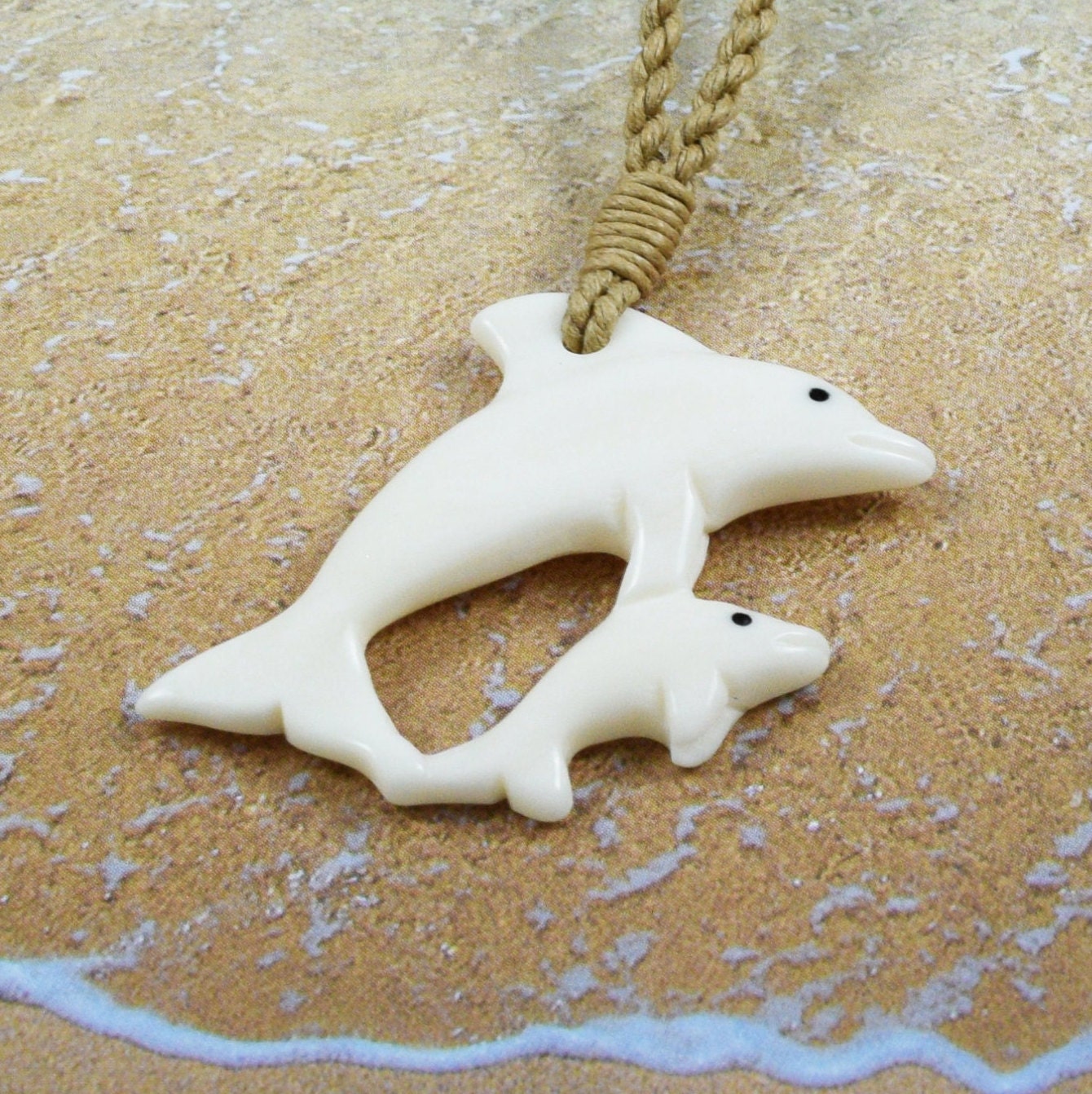 Hand Carved Buffalo Bone 2 Dolphin Necklace, N9116 - Paradise Treasures Jewelry