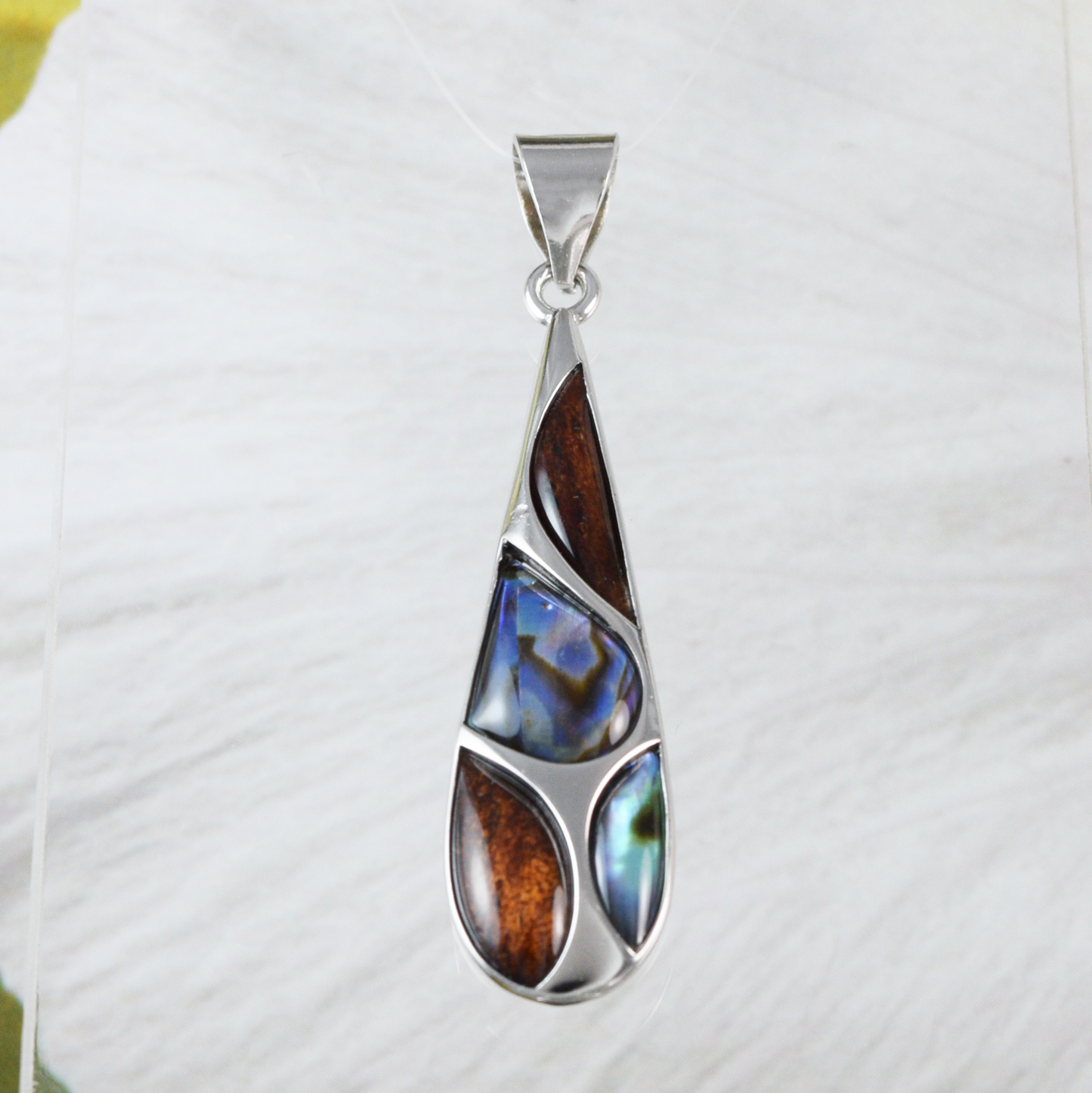 Medium Silver Rain Drop Wood Abalone Necklace - Hawaii Treasures Shop