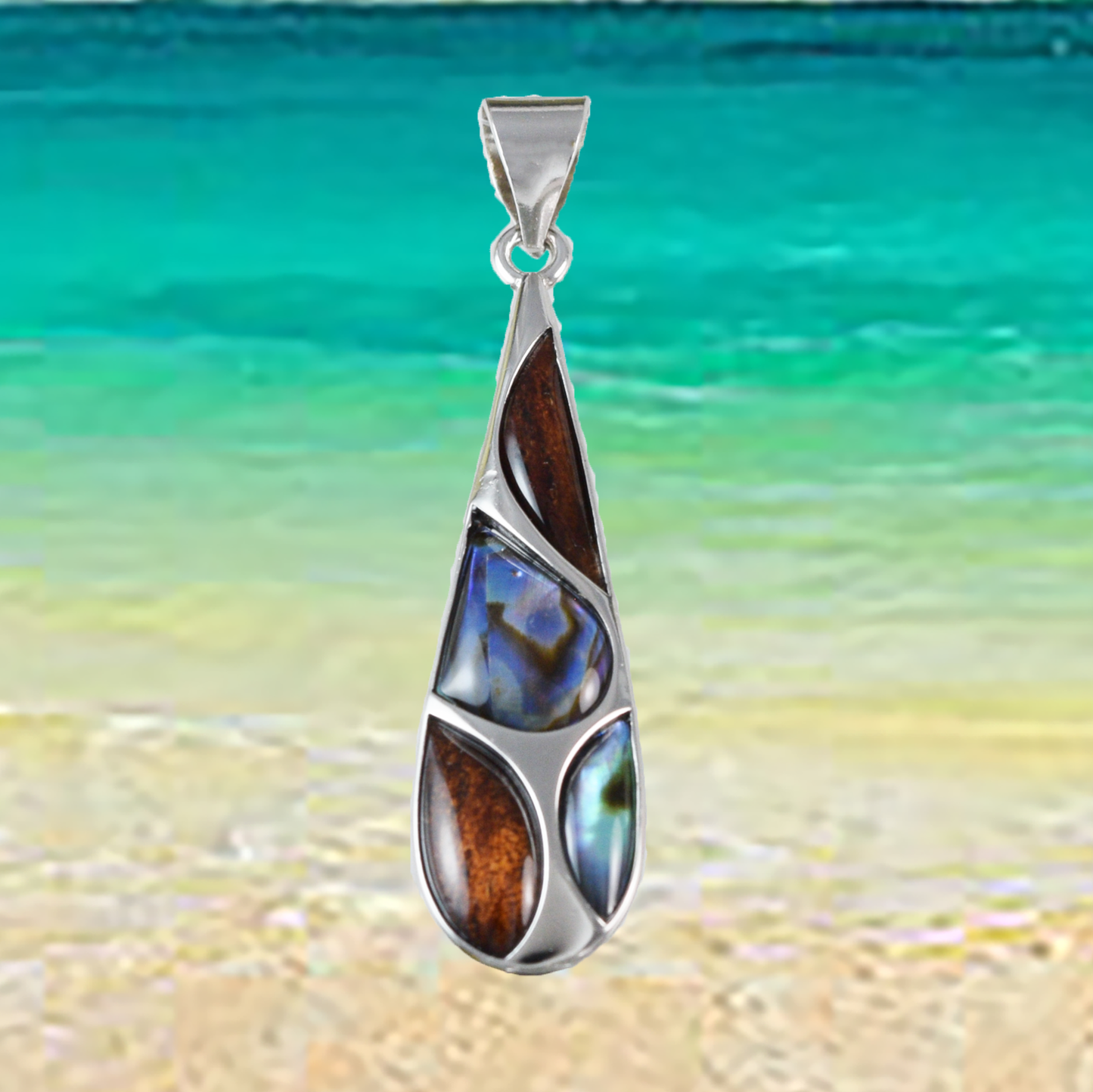 Medium Silver Rain Drop Wood Abalone Necklace - Hawaii Treasures Shop