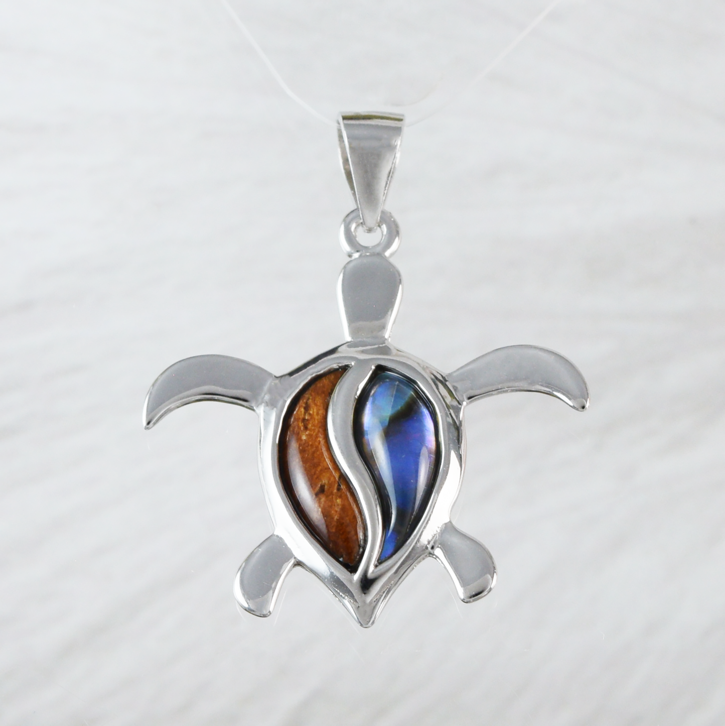 Medium Silver Sea Turtle Koa Wood Abalone Necklace - Hawaii Treasures Shop