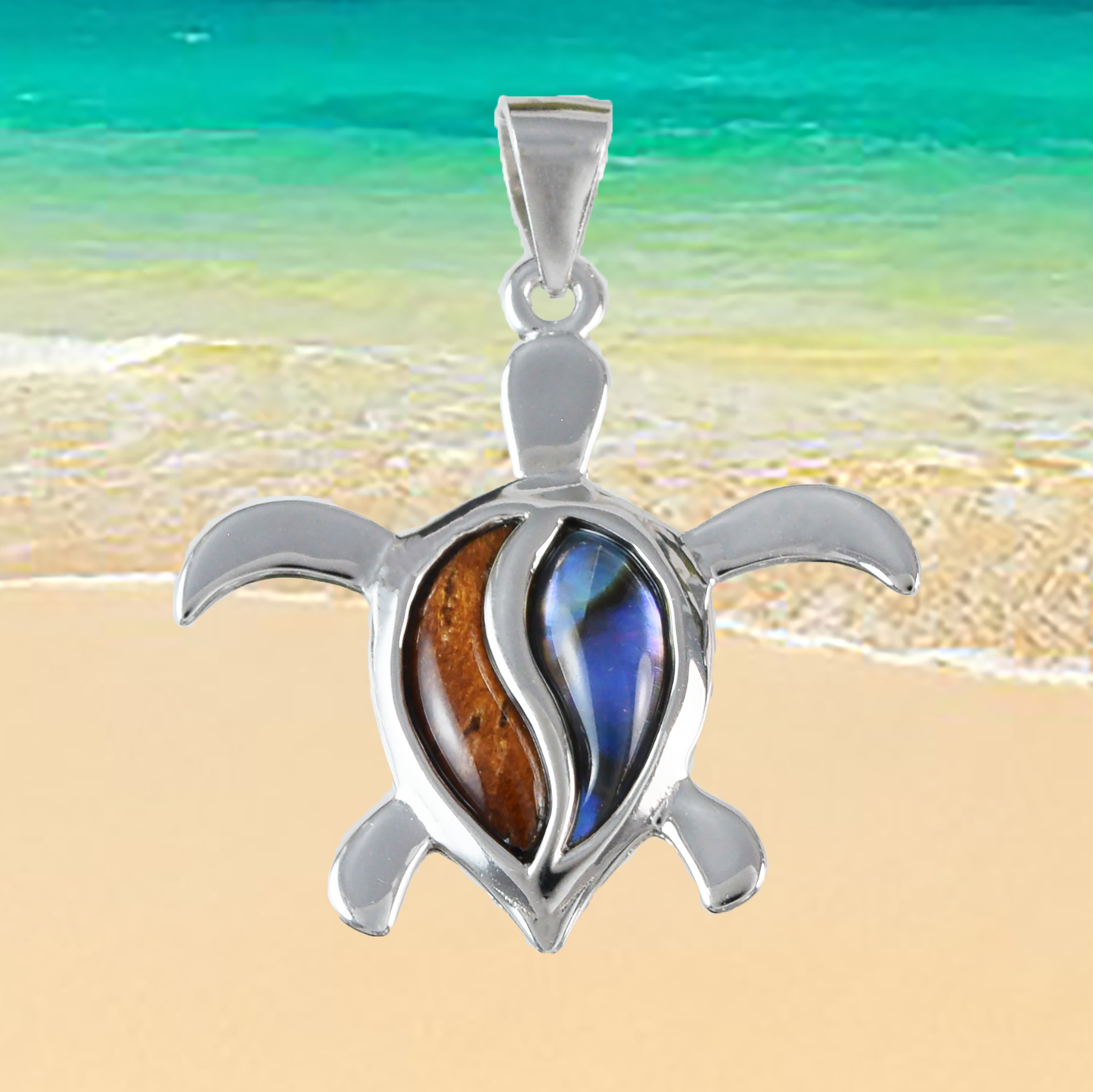 Medium Silver Sea Turtle Koa Wood Abalone Necklace - Hawaii Treasures Shop