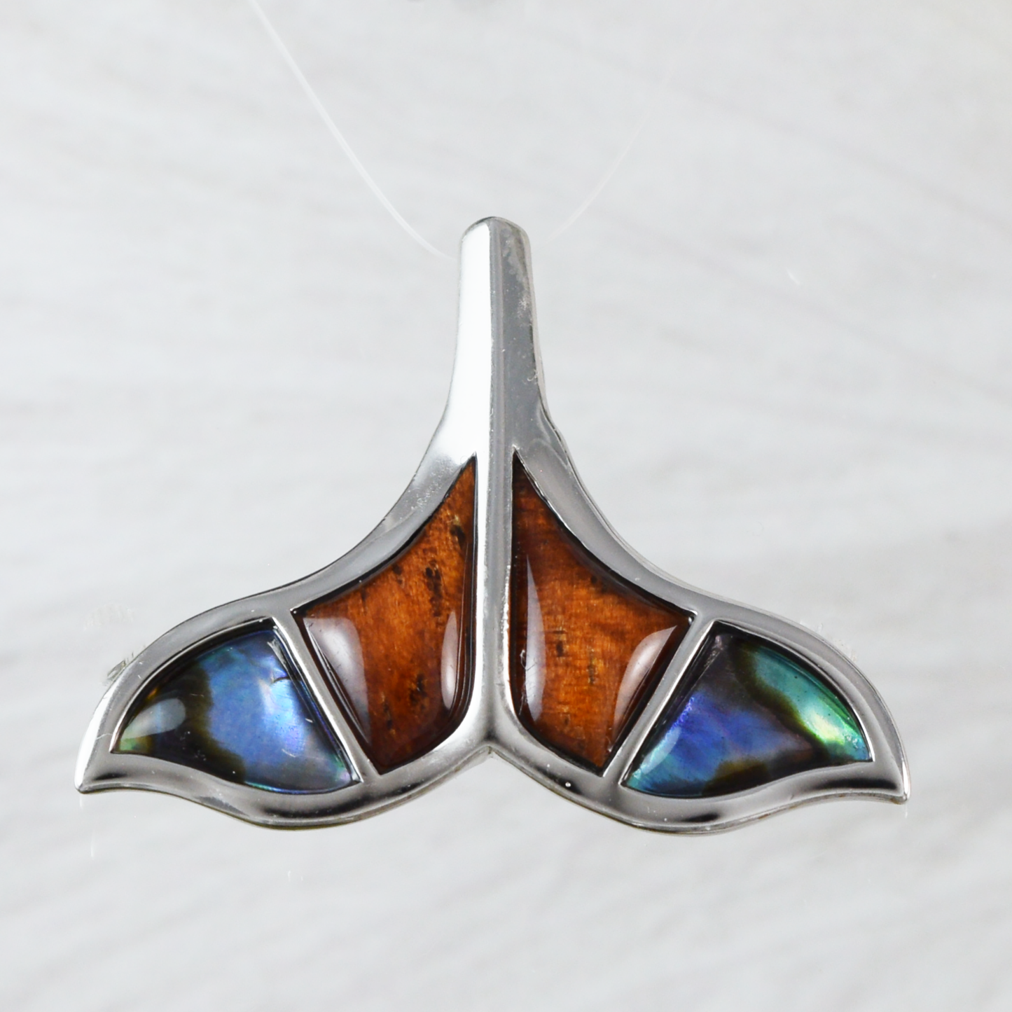 Medium Silver Whale Tail Wood Abalone Necklace - Hawaii Treasures Shop