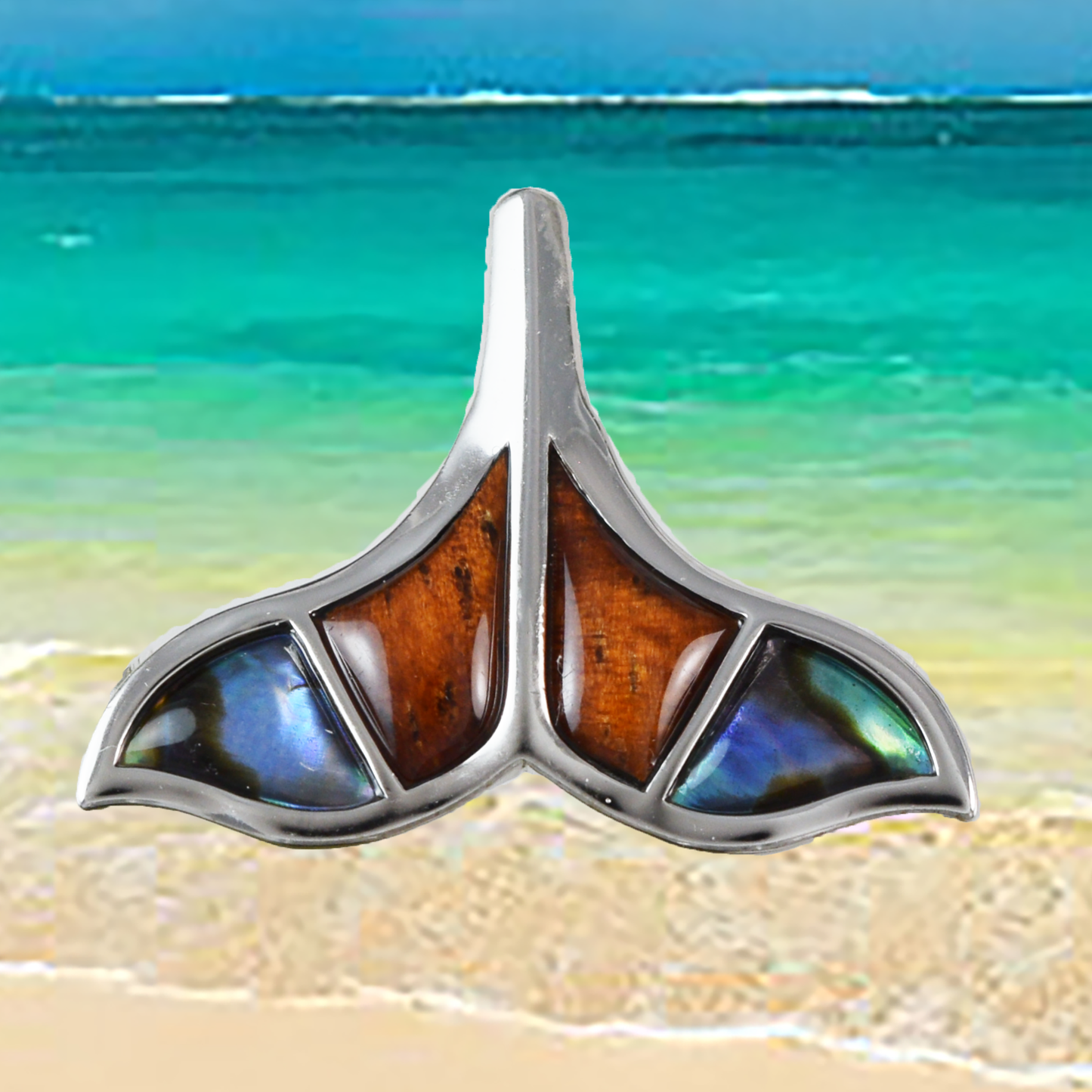 Medium Silver Whale Tail Wood Abalone Necklace - Hawaii Treasures Shop