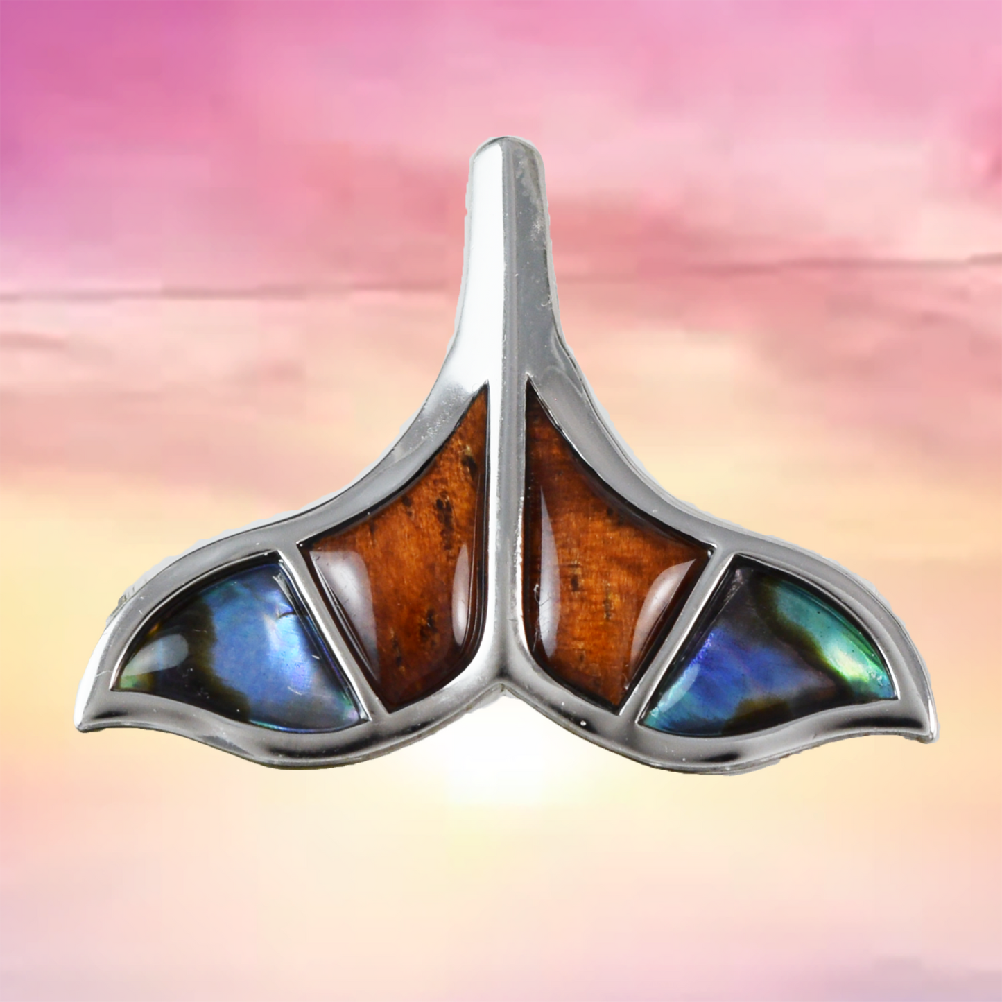 Medium Silver Whale Tail Wood Abalone Necklace - Hawaii Treasures Shop