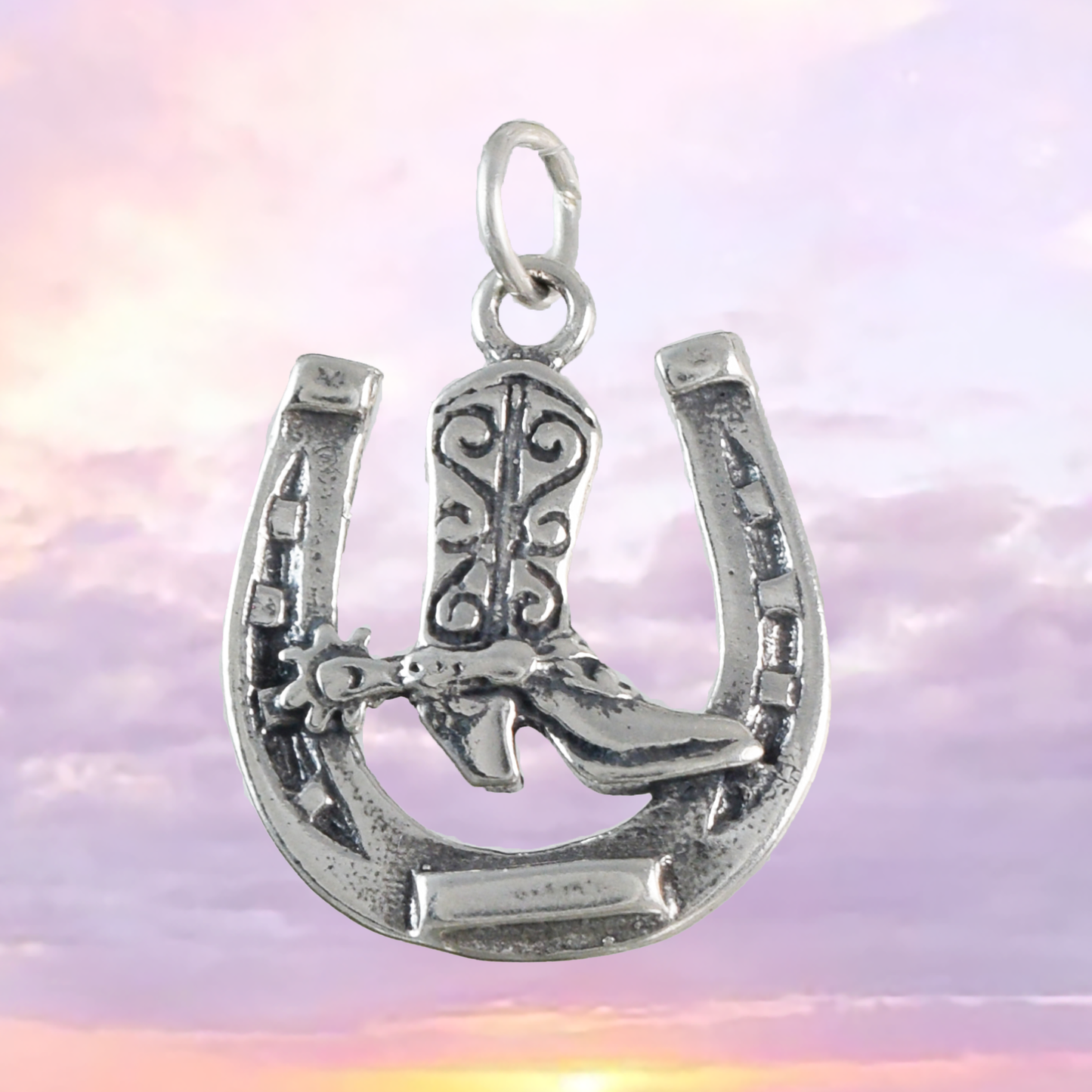 Texan Cowboy Boot Horseshoe Pendant, Sterling Silver Horseshoe Charm Pendant, N9446 Birthday Mother Gift, Texan Jewelry