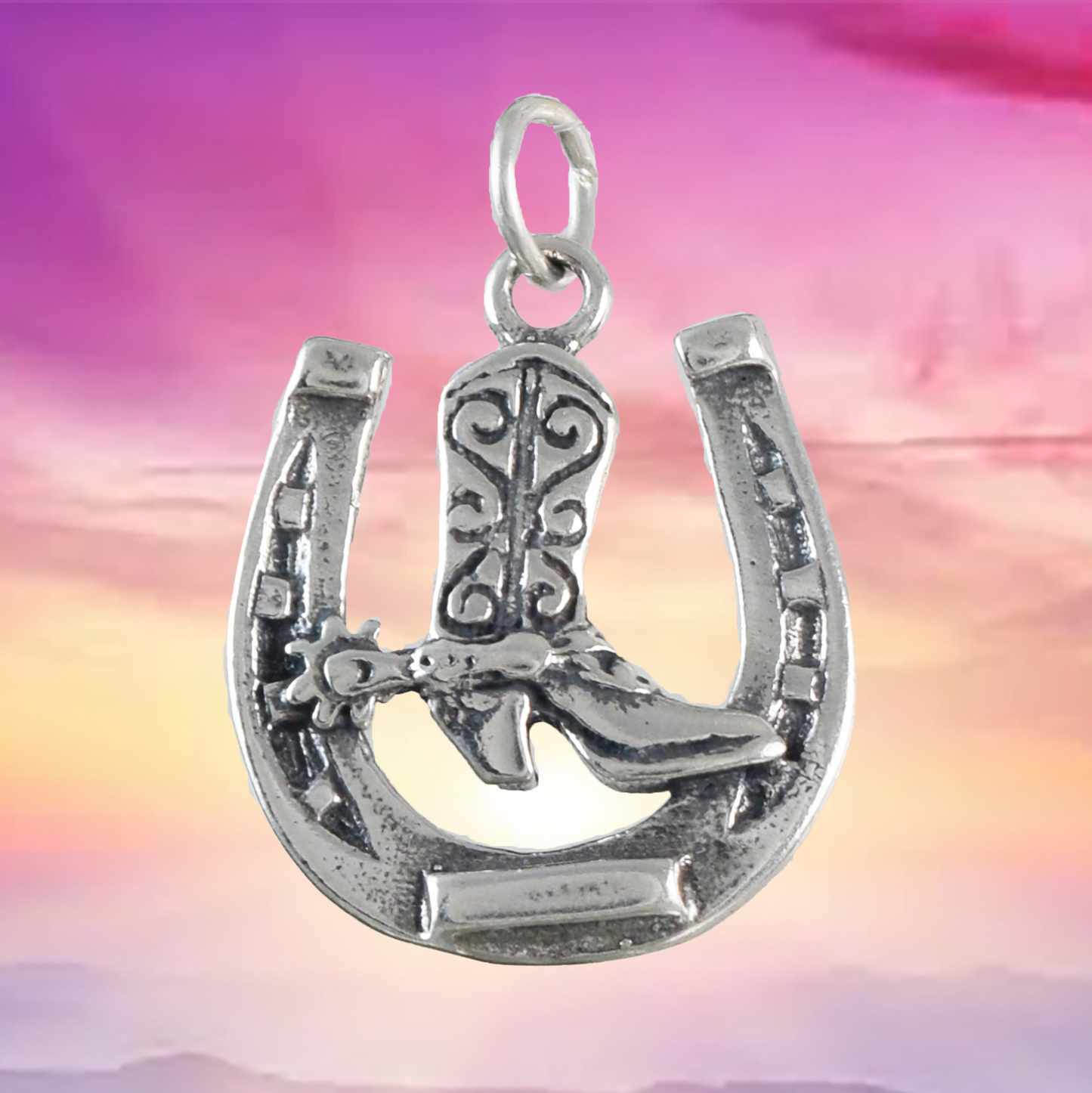 Texan Cowboy Boot Horseshoe Pendant, Sterling Silver Horseshoe Charm Pendant, N9446 Birthday Mother Gift, Texan Jewelry