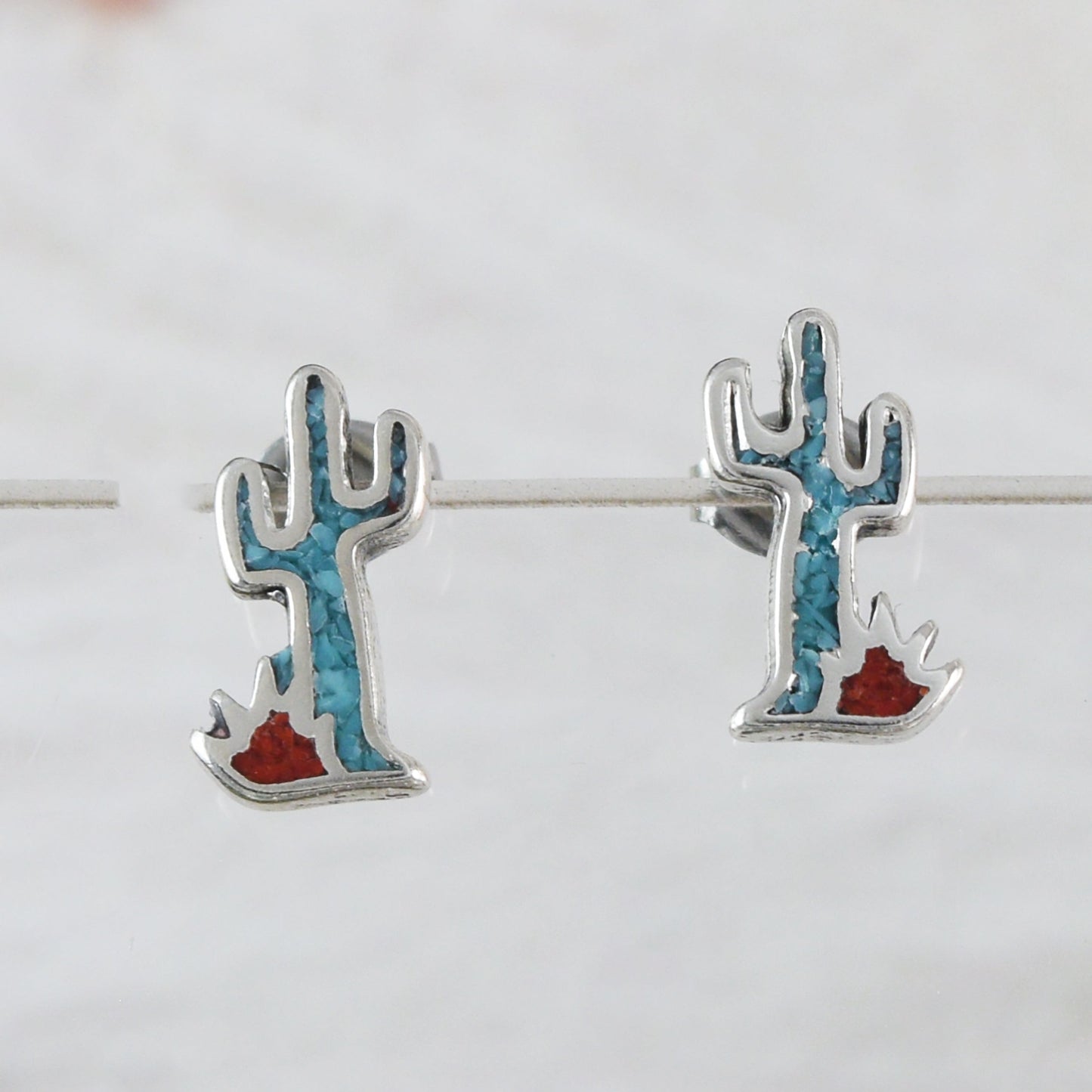 Texan Cactus Earrings, Sterling Silver Turquoise Cactus Post Stud Earring, E9453 Birthday Mother Gift, Texan Jewelry