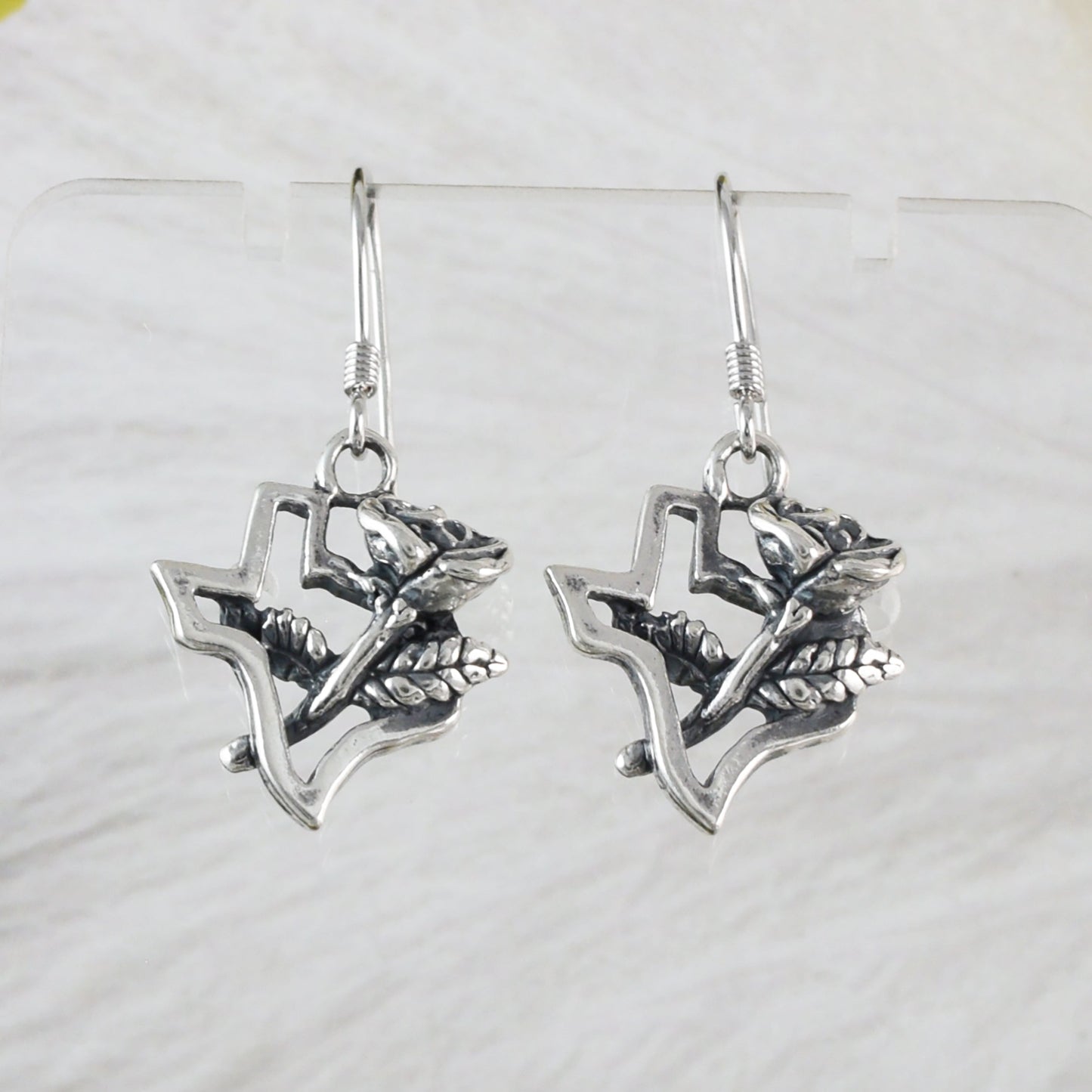 Texas Yellow Rose Map Earrings, Sterling Silver Texas Map Dangle Earrings, E9461 Birthday Mother Gift, Texan Jewelry