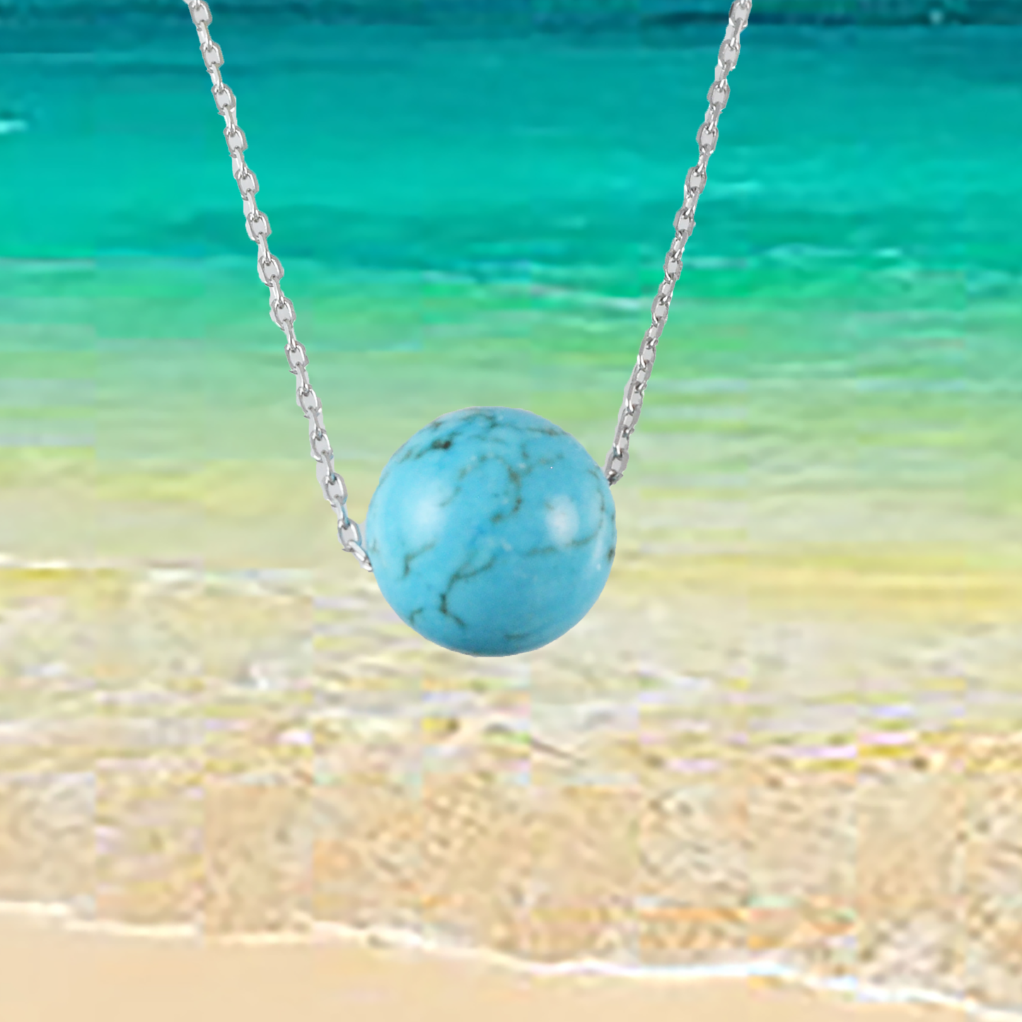 Genuine Turquoise Round Cut Necklace in Adjustable Sterling Silver Chain, N9528 - Paradise Treasures Jewelry