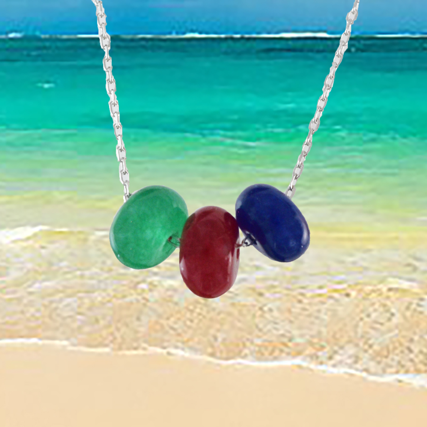 Genuine Emerald Ruby Sapphire Necklace in Adjustable Sterling Silver Chain, N9531 - Paradise Treasures Jewelry