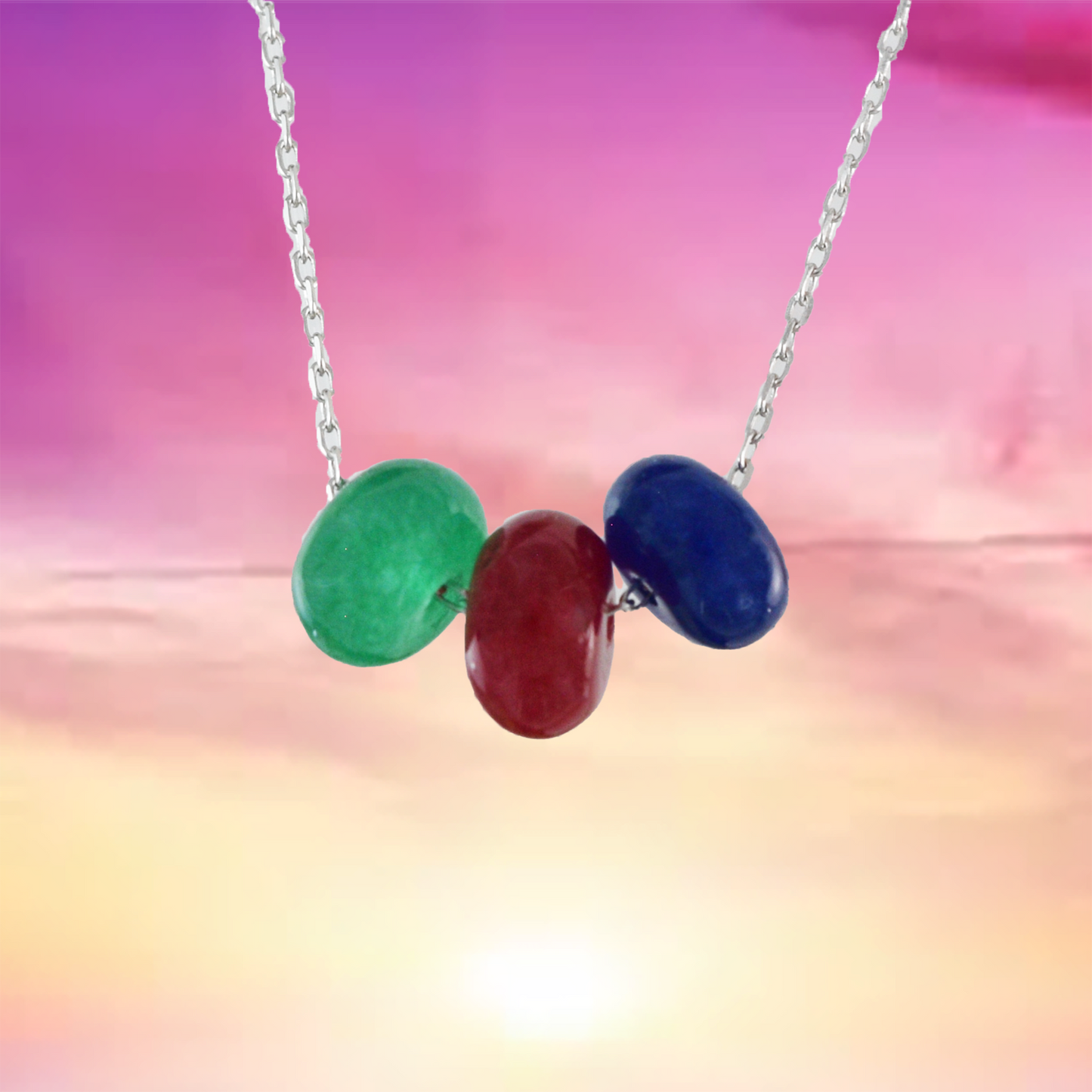 Genuine Emerald Ruby Sapphire Necklace in Adjustable Sterling Silver Chain, N9531 - Paradise Treasures Jewelry