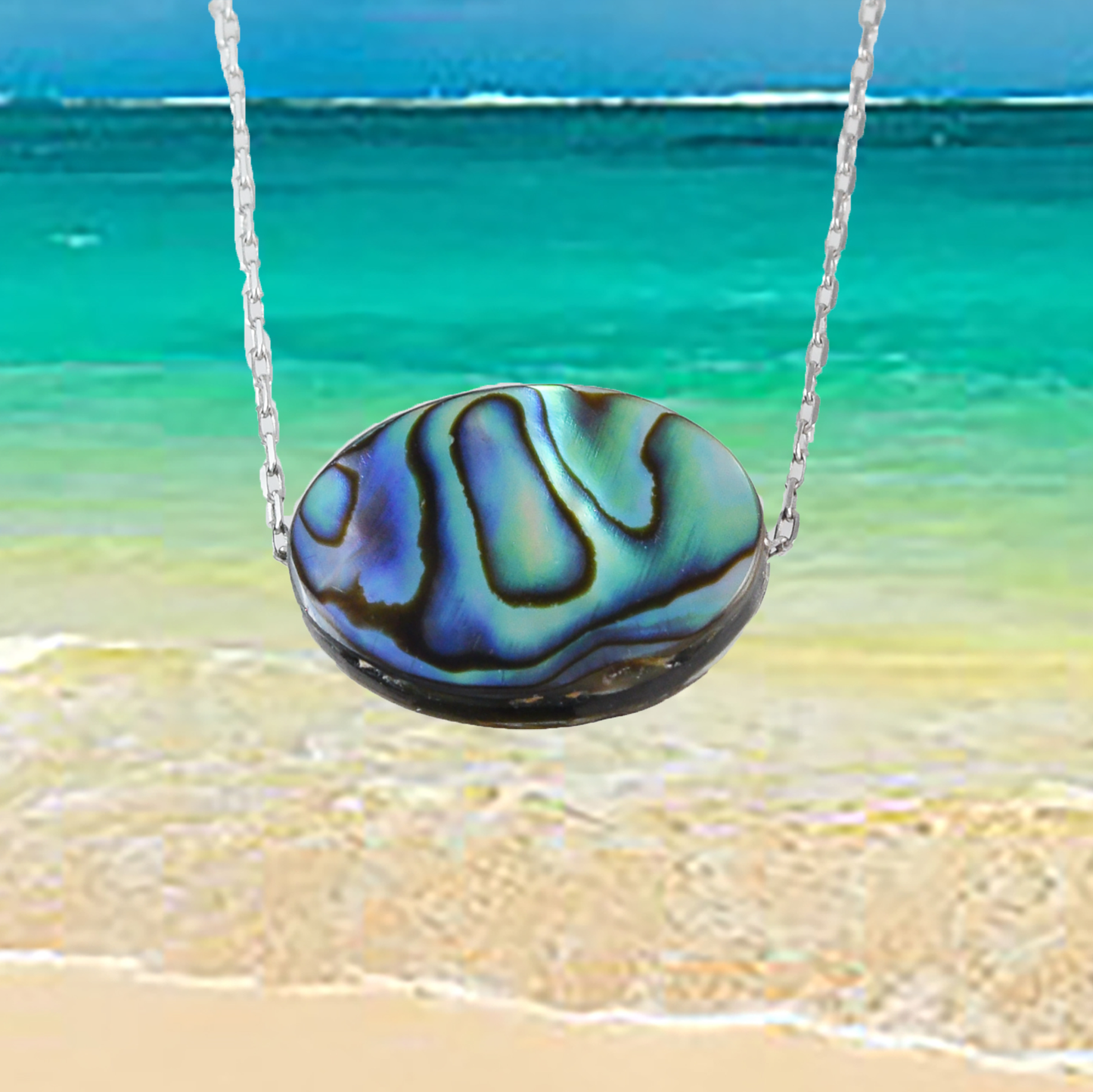 Genuine Abalone Paua Shell Oval Cut Necklace in Adjustable Sterling Silver Chain, N9532 - Paradise Treasures Jewelry