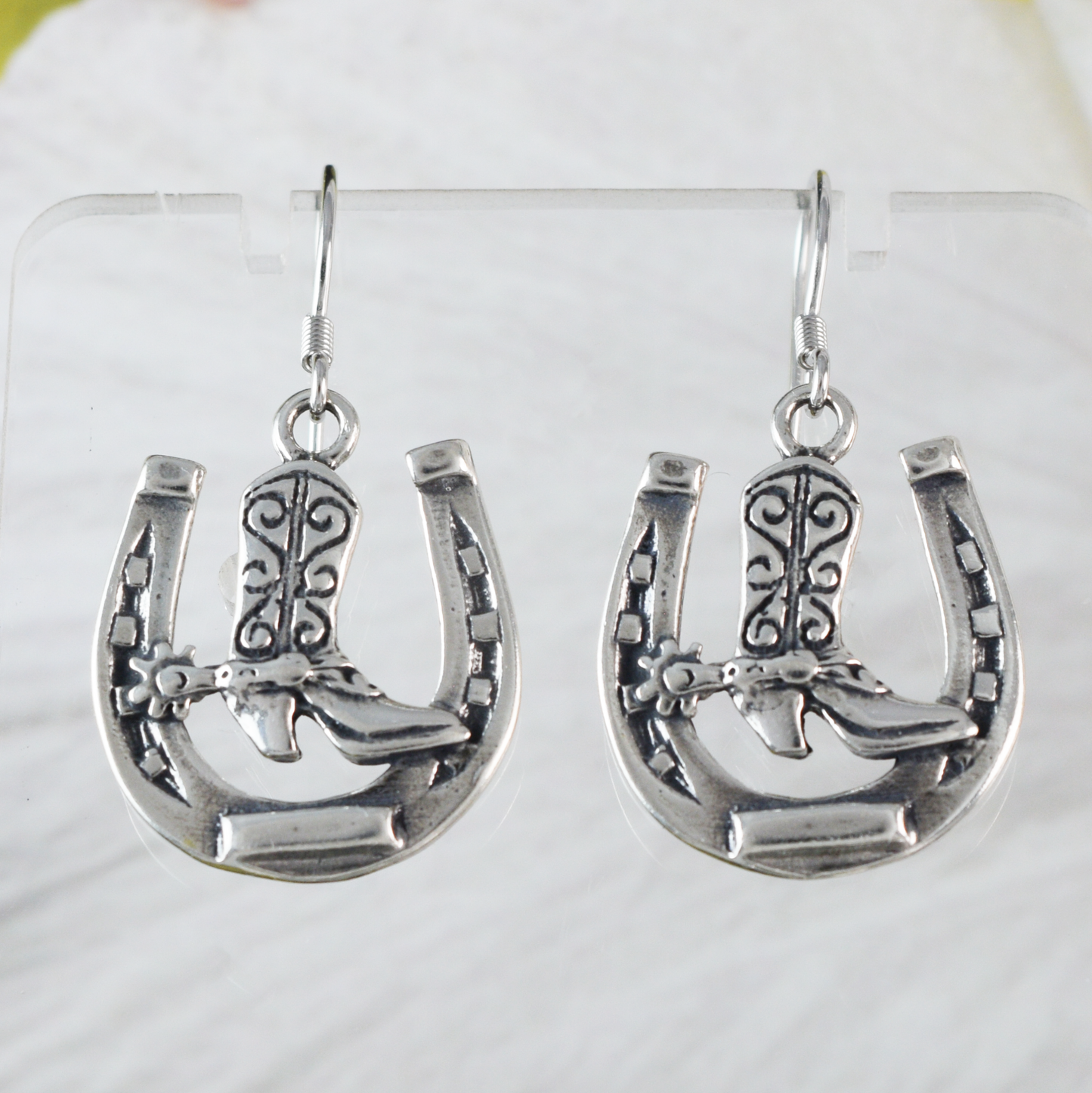 Silver Cowgirl Boot Horseshoe Earrings - Hawaii Treasures Shop