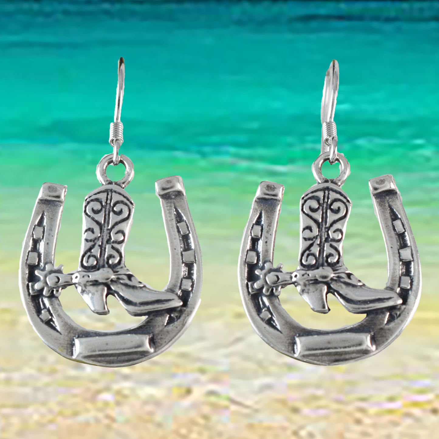 Silver Cowgirl Boot Horseshoe Earrings - Hawaii Treasures Shop