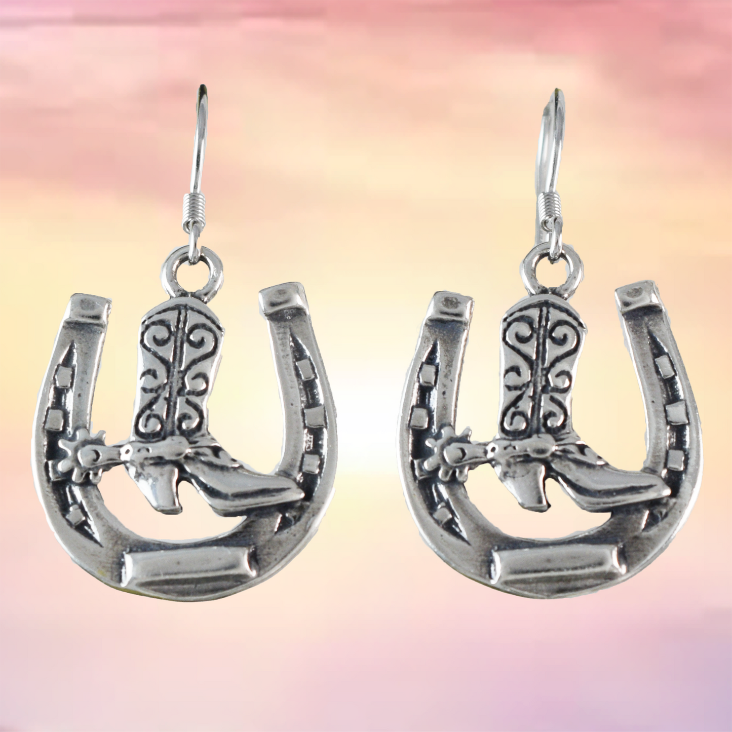 Silver Cowgirl Boot Horseshoe Earrings - Hawaii Treasures Shop