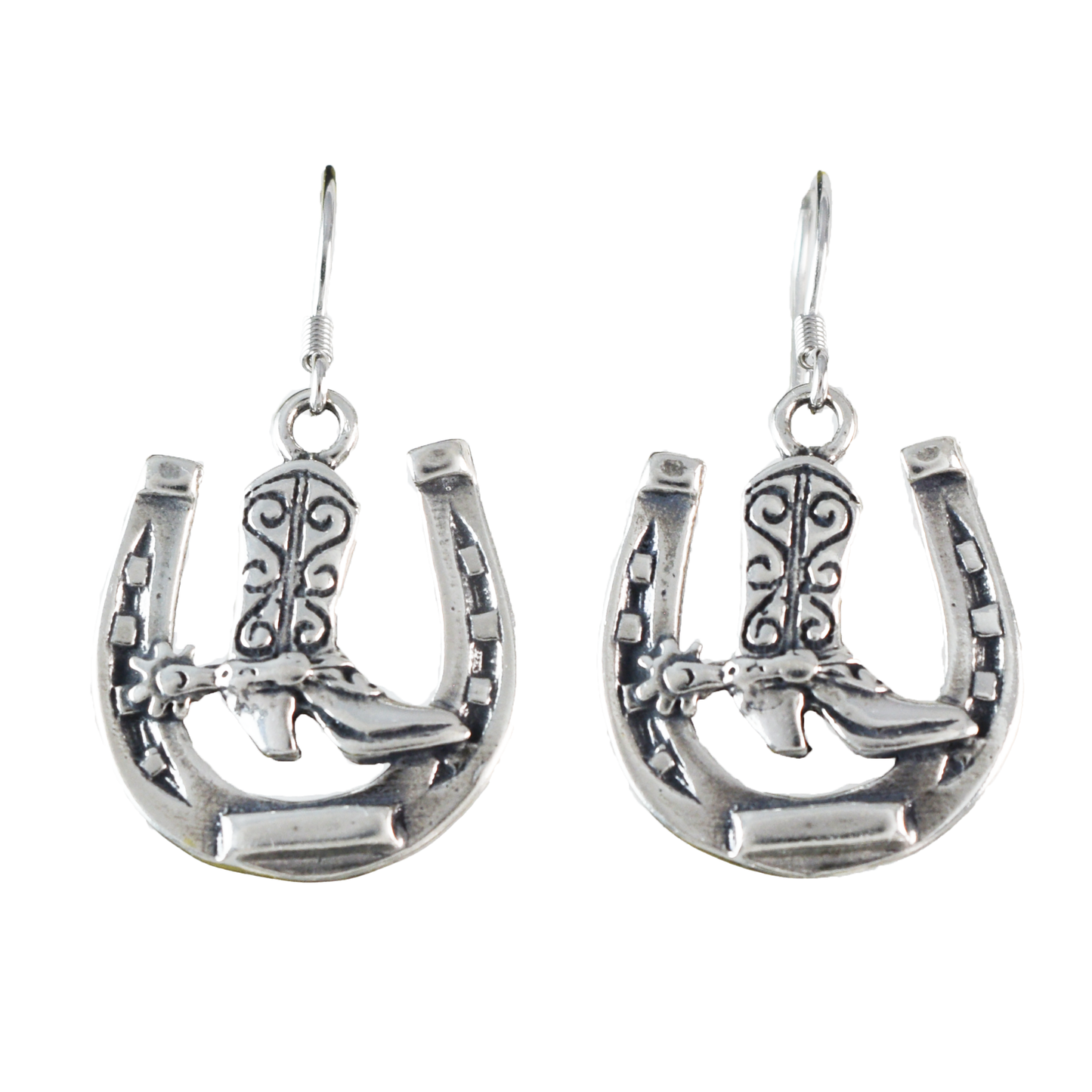 Silver Cowgirl Boot Horseshoe Earrings - Hawaii Treasures Shop