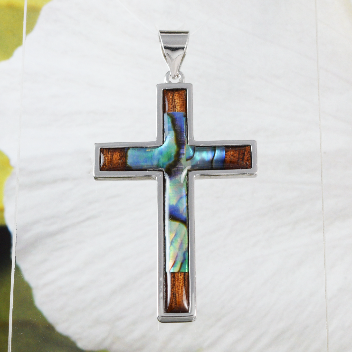 Silver Cross Wood Abalone Necklace - Hawaii Treasures Shop