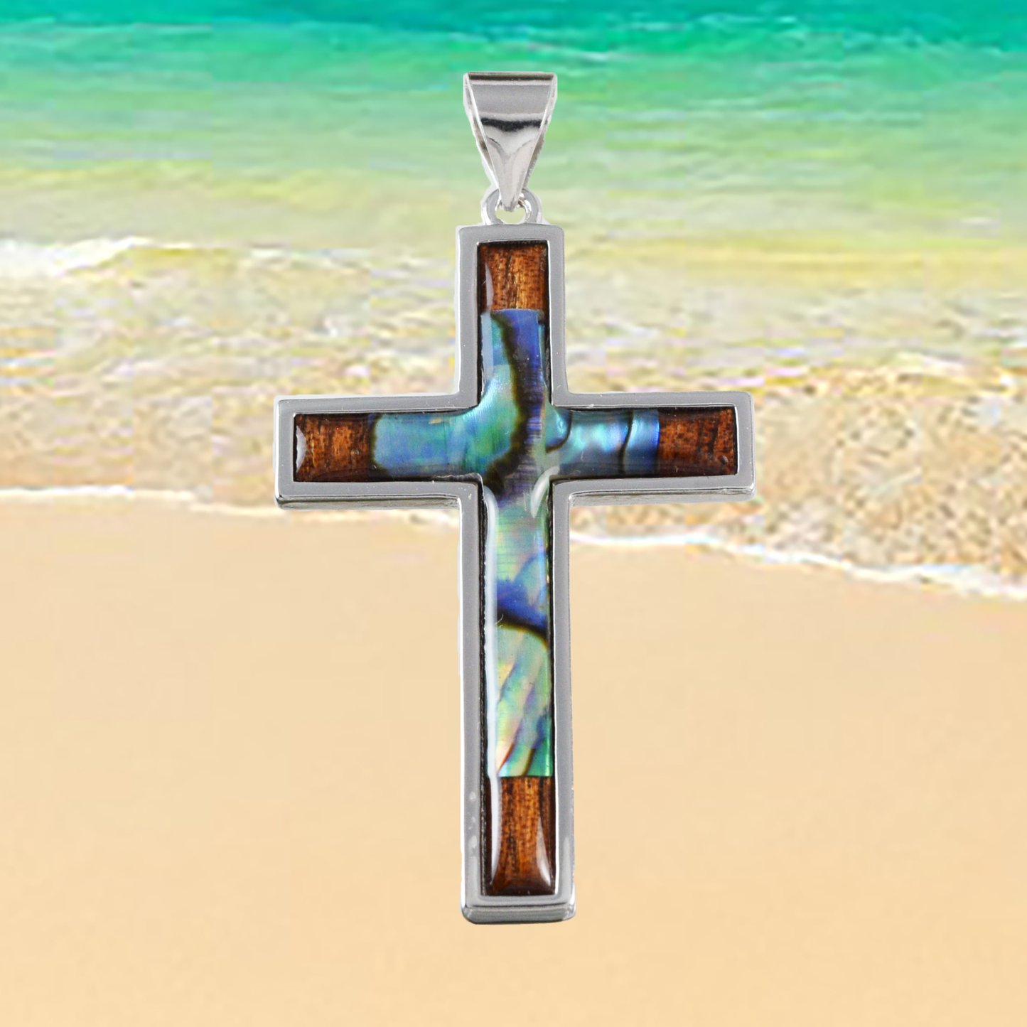 Silver Cross Wood Abalone Necklace - Hawaii Treasures Shop