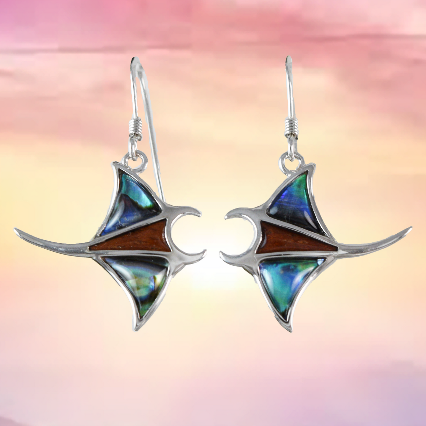 Silver Manta Ray Koa Wood Abalone Earrings - Hawaii Treasures Shop