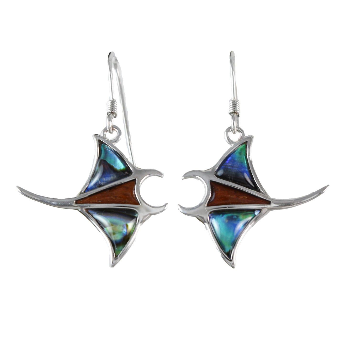 Silver Manta Ray Koa Wood Abalone Earrings - Hawaii Treasures Shop