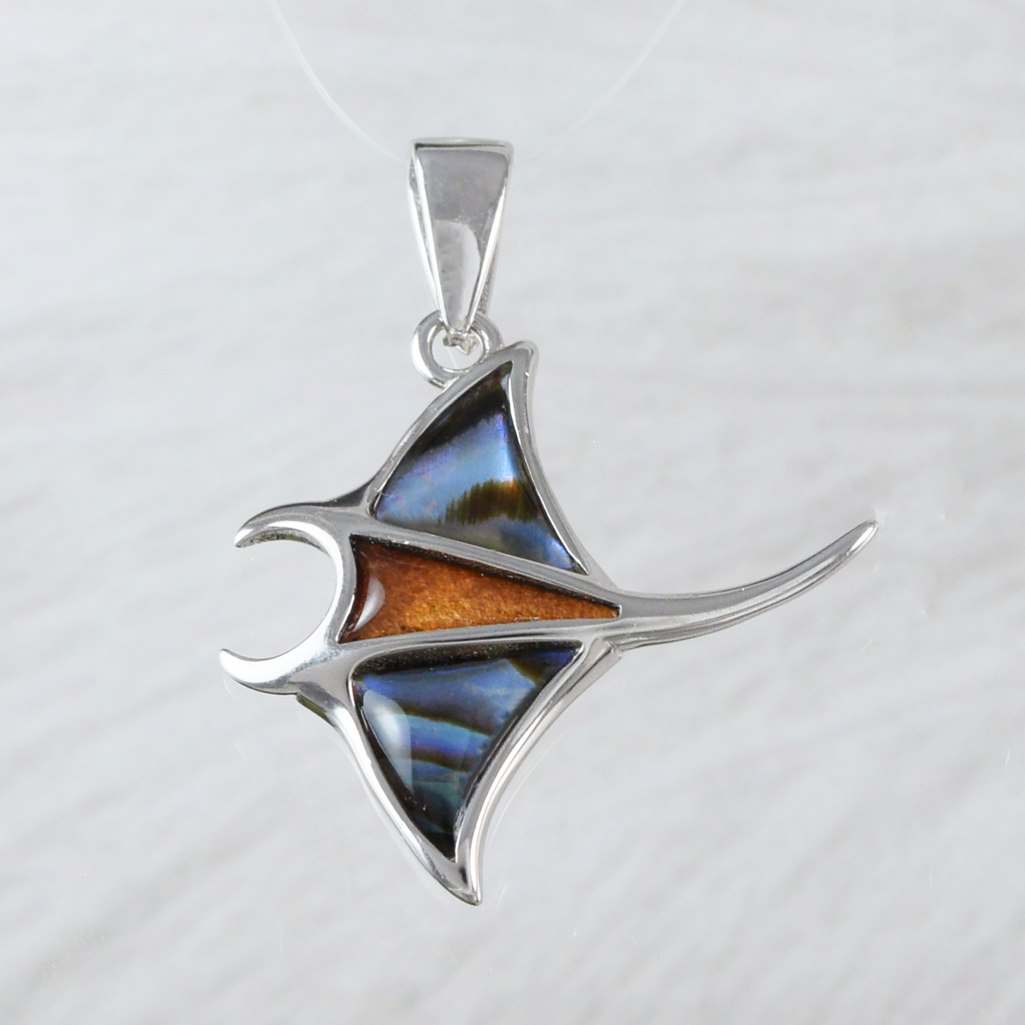 Silver Manta Ray Wood Abalone Necklace - Hawaii Treasures Shop