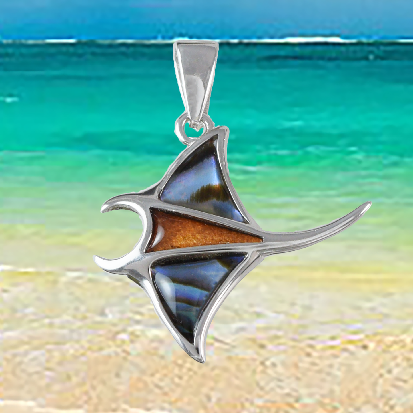 Silver Manta Ray Wood Abalone Necklace - Hawaii Treasures Shop