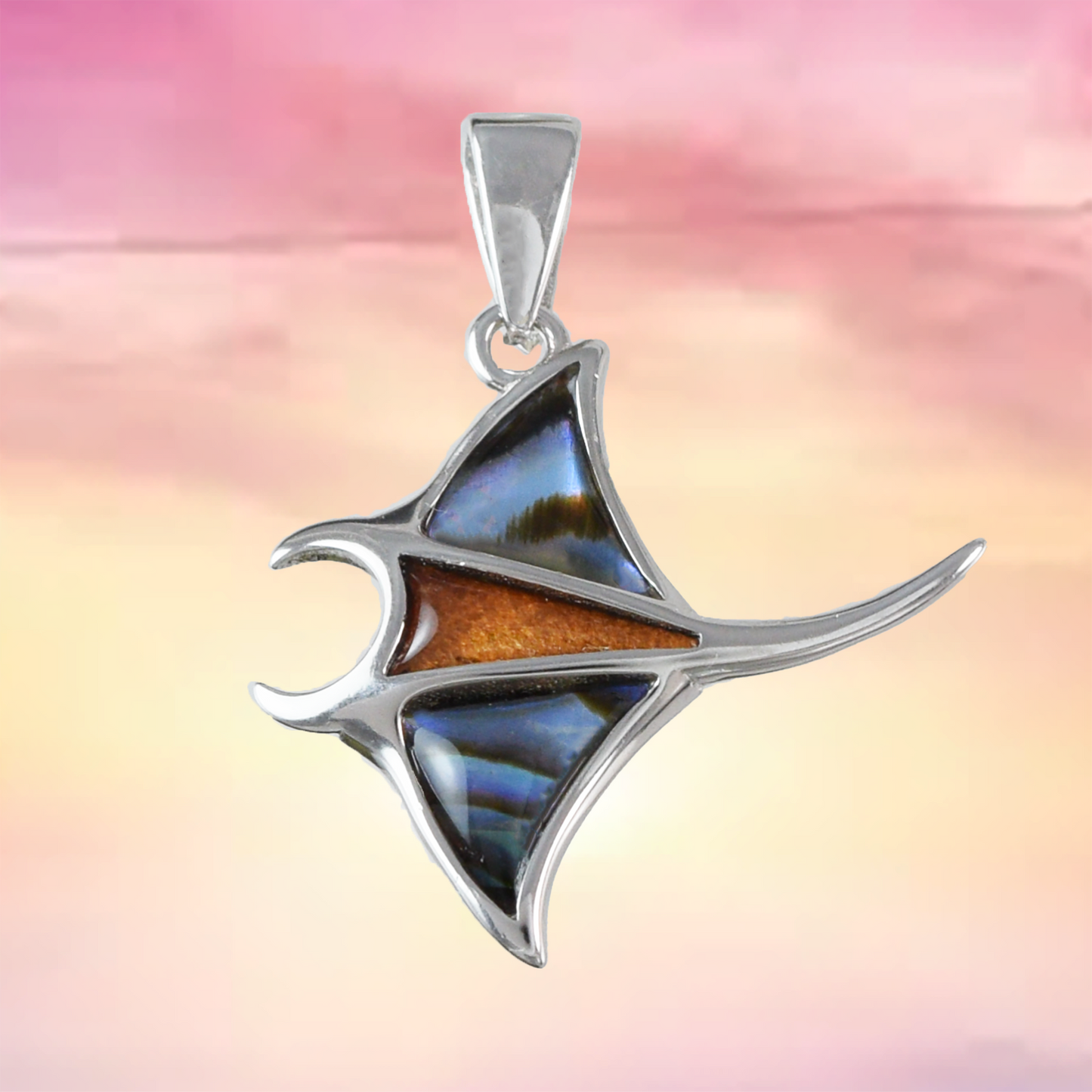 Silver Manta Ray Wood Abalone Necklace - Hawaii Treasures Shop
