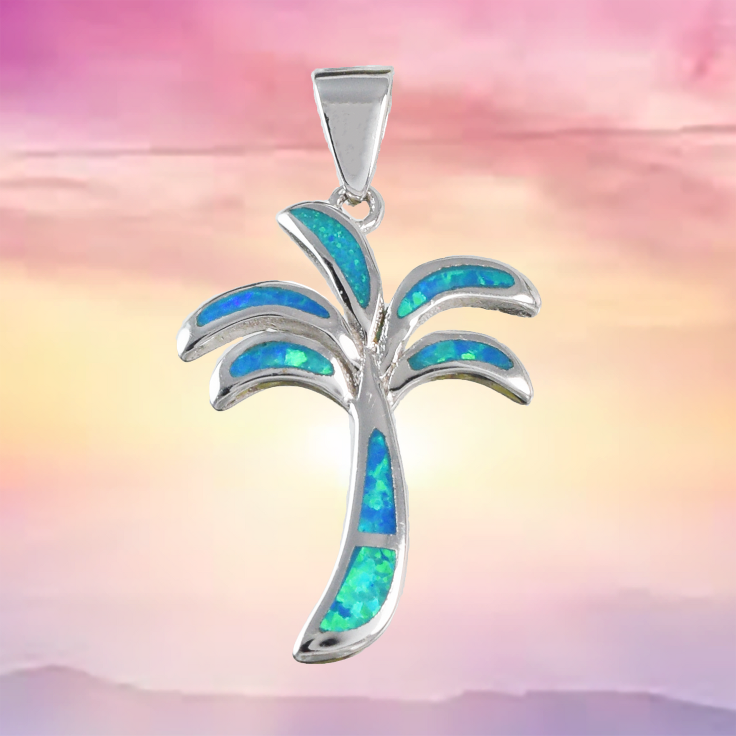 Silver Palm Tree Blue Opal Necklace - Hawaii Treasures Shop
