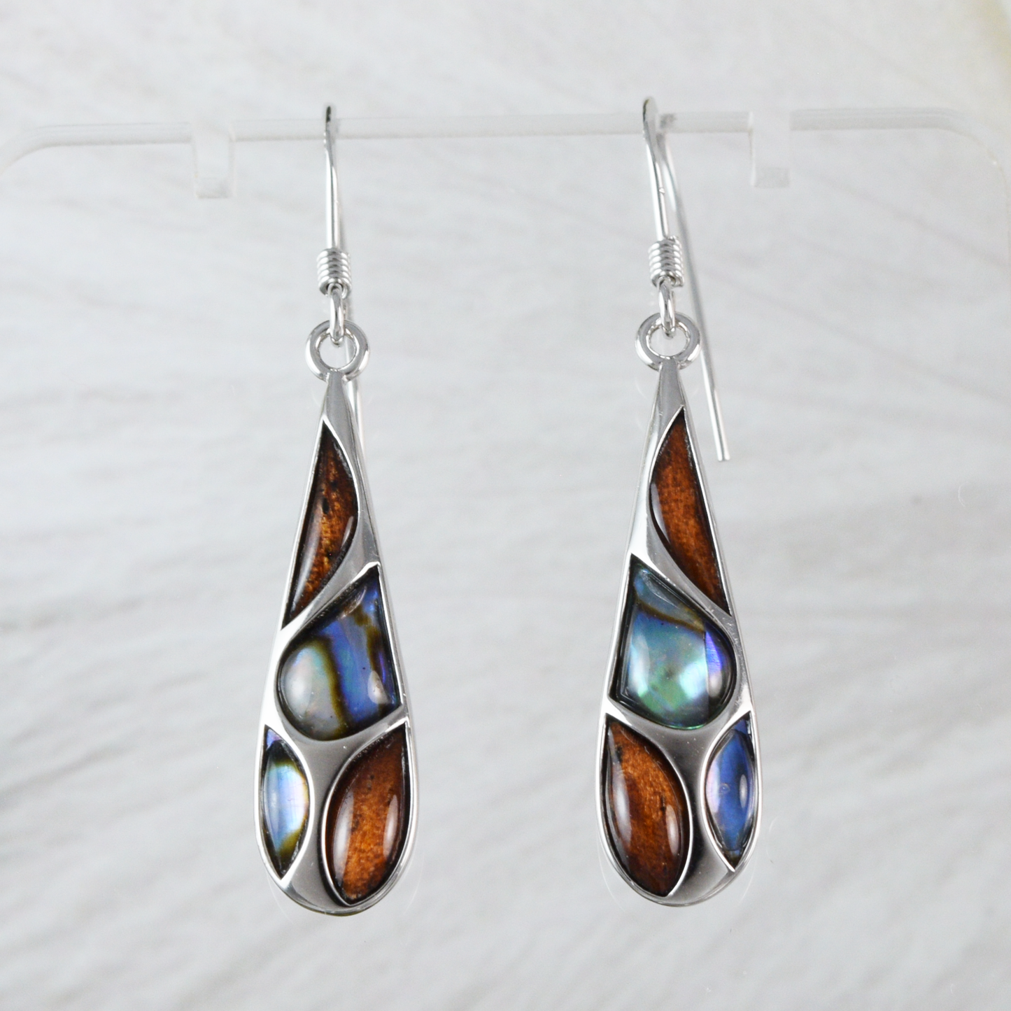 Silver Rain Drop Koa Wood Abalone Earrings - Hawaii Treasures Shop