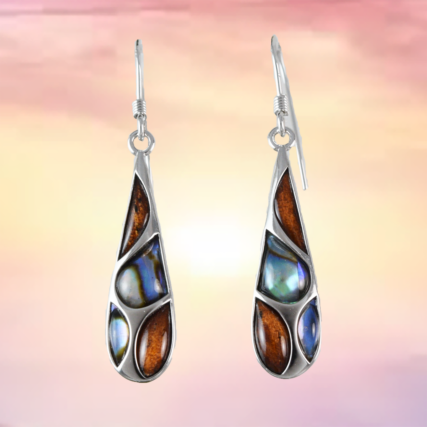 Silver Rain Drop Koa Wood Abalone Earrings - Hawaii Treasures Shop