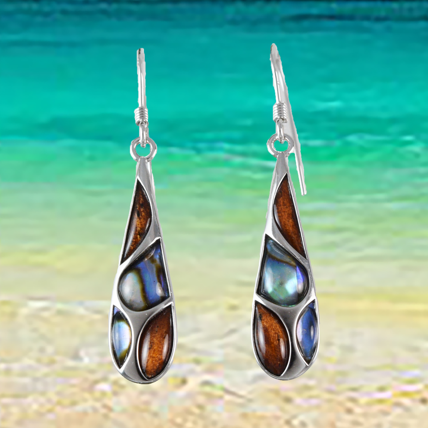 Silver Rain Drop Koa Wood Abalone Earrings - Hawaii Treasures Shop