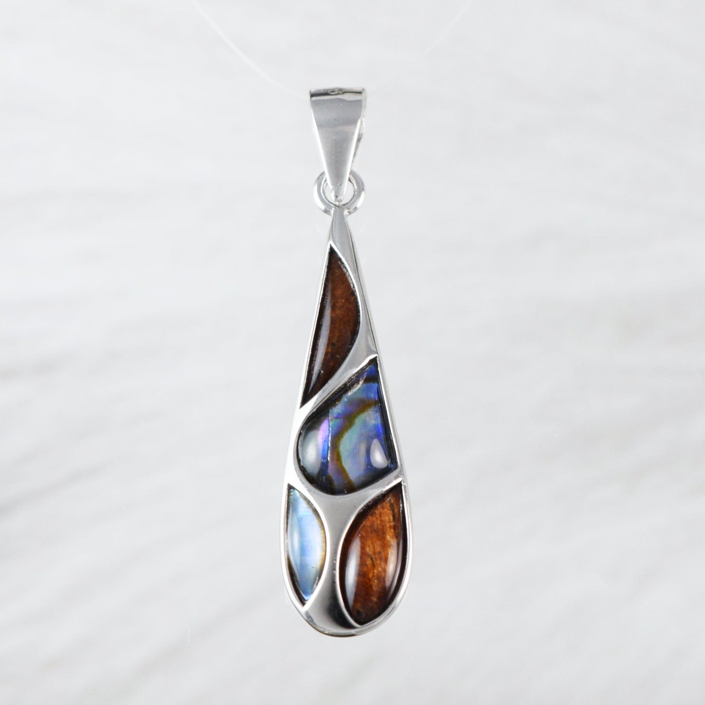 Silver Rain Drop Koa Wood Abalone Necklace - Hawaii Treasures Shop