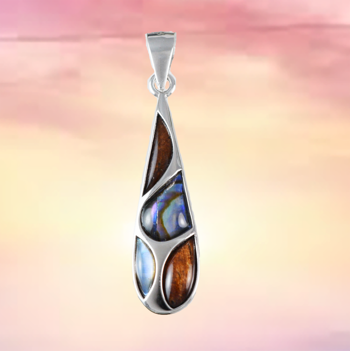 Silver Rain Drop Koa Wood Abalone Necklace - Hawaii Treasures Shop