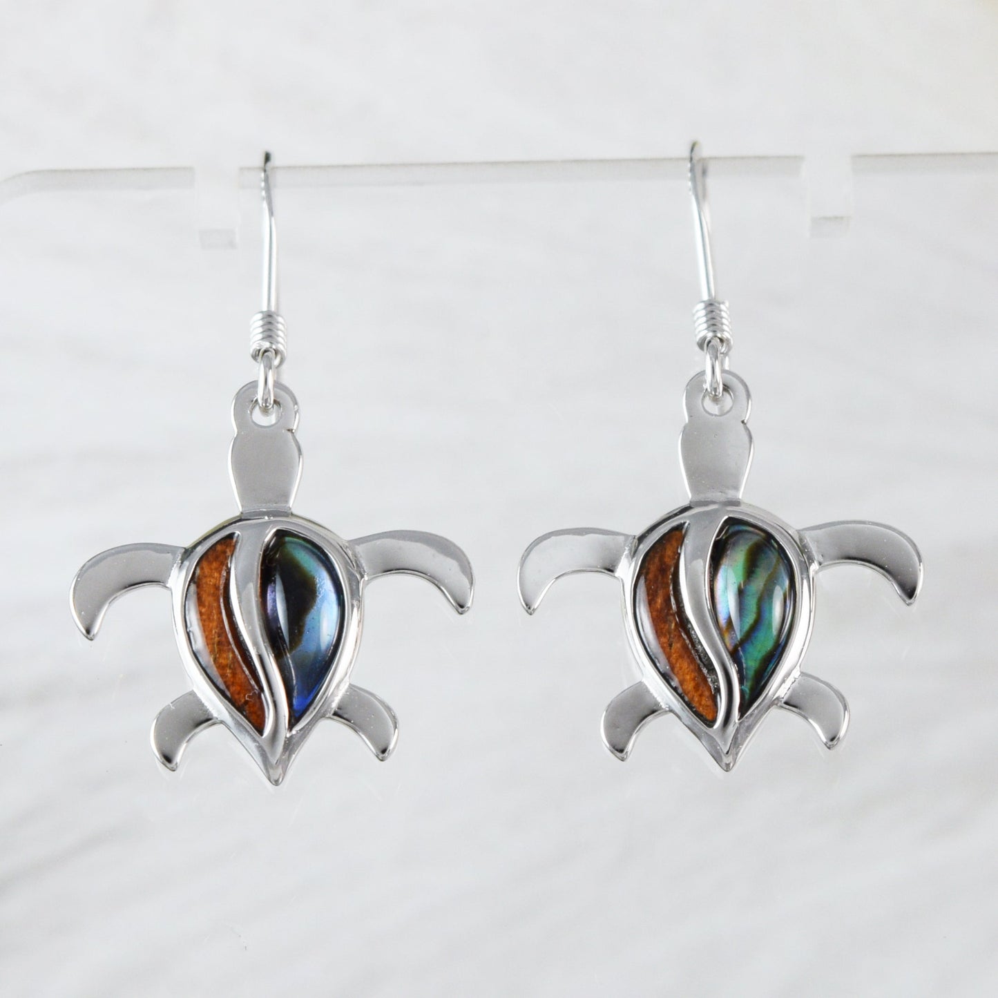 Silver Sea Turtle Koa Wood Abalone Earrings - Hawaii Treasures Shop