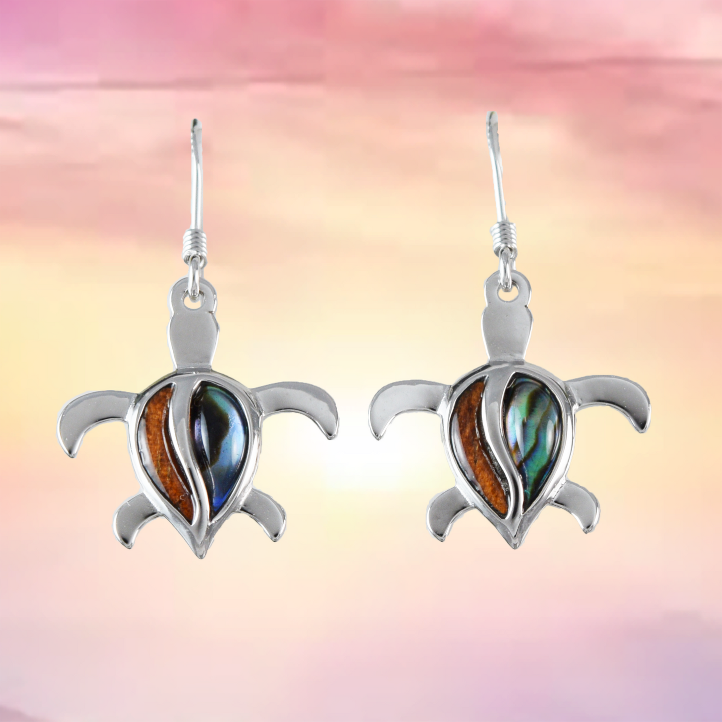 Silver Sea Turtle Koa Wood Abalone Earrings - Hawaii Treasures Shop