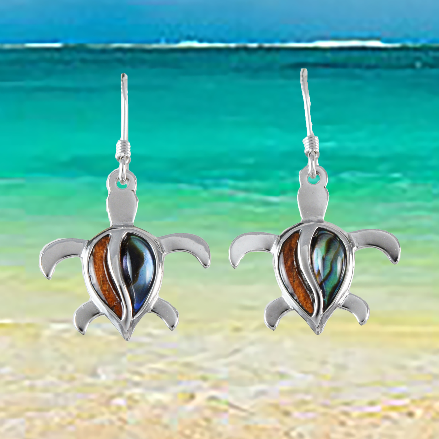 Silver Sea Turtle Koa Wood Abalone Earrings - Hawaii Treasures Shop