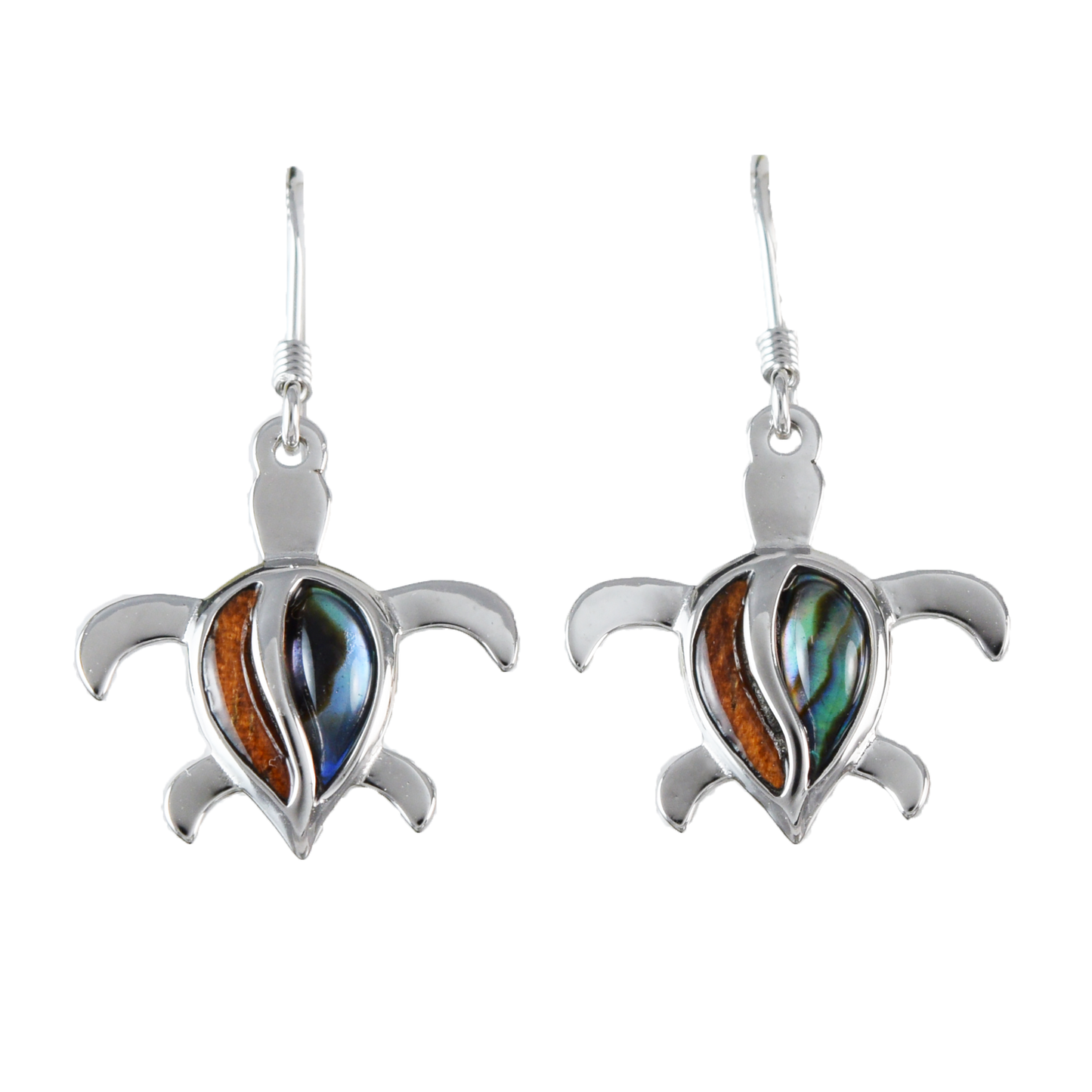 Silver Sea Turtle Koa Wood Abalone Earrings - Hawaii Treasures Shop