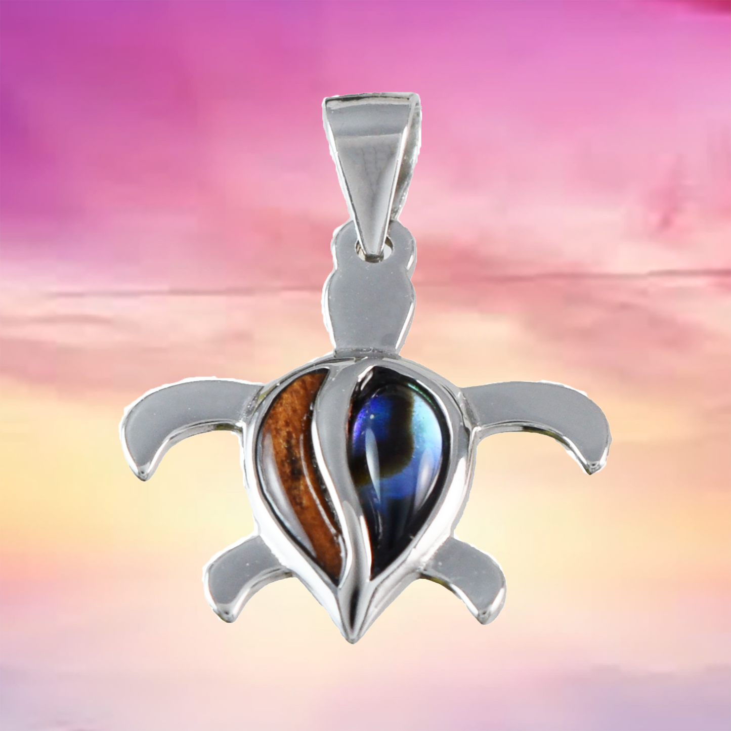 Silver Sea Turtle Koa Wood Abalone Necklace - Hawaii Treasures Shop