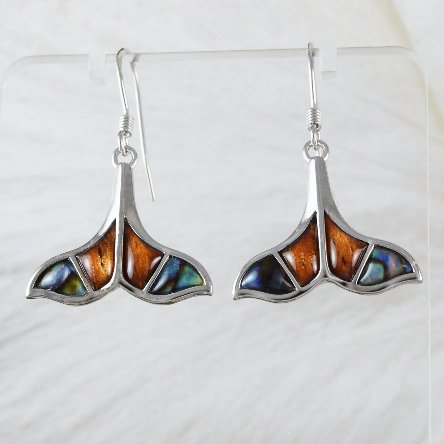 Silver Whale Tail Koa Wood Abalone Earrings - Hawaii Treasures Shop