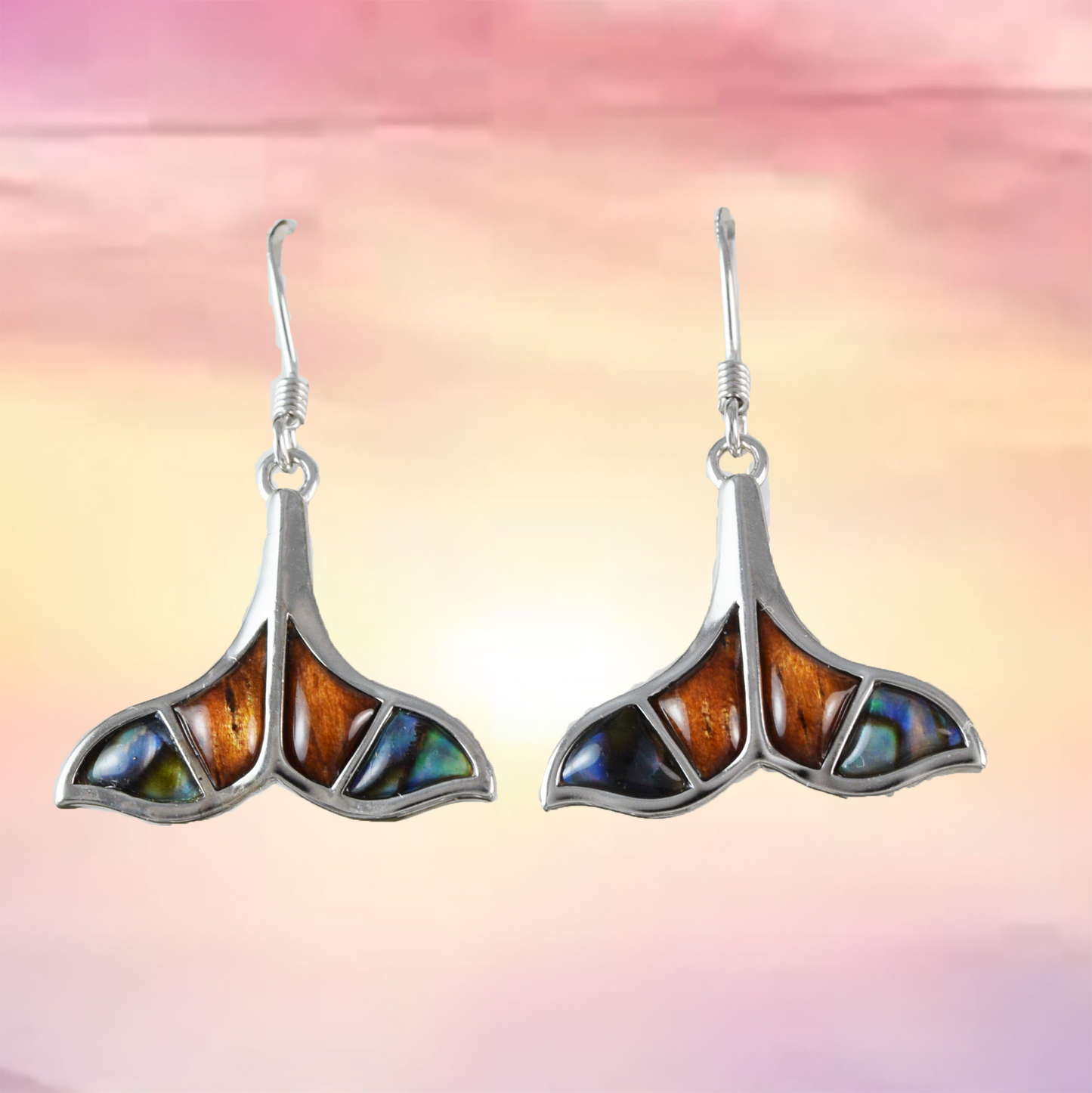 Silver Whale Tail Koa Wood Abalone Earrings - Hawaii Treasures Shop