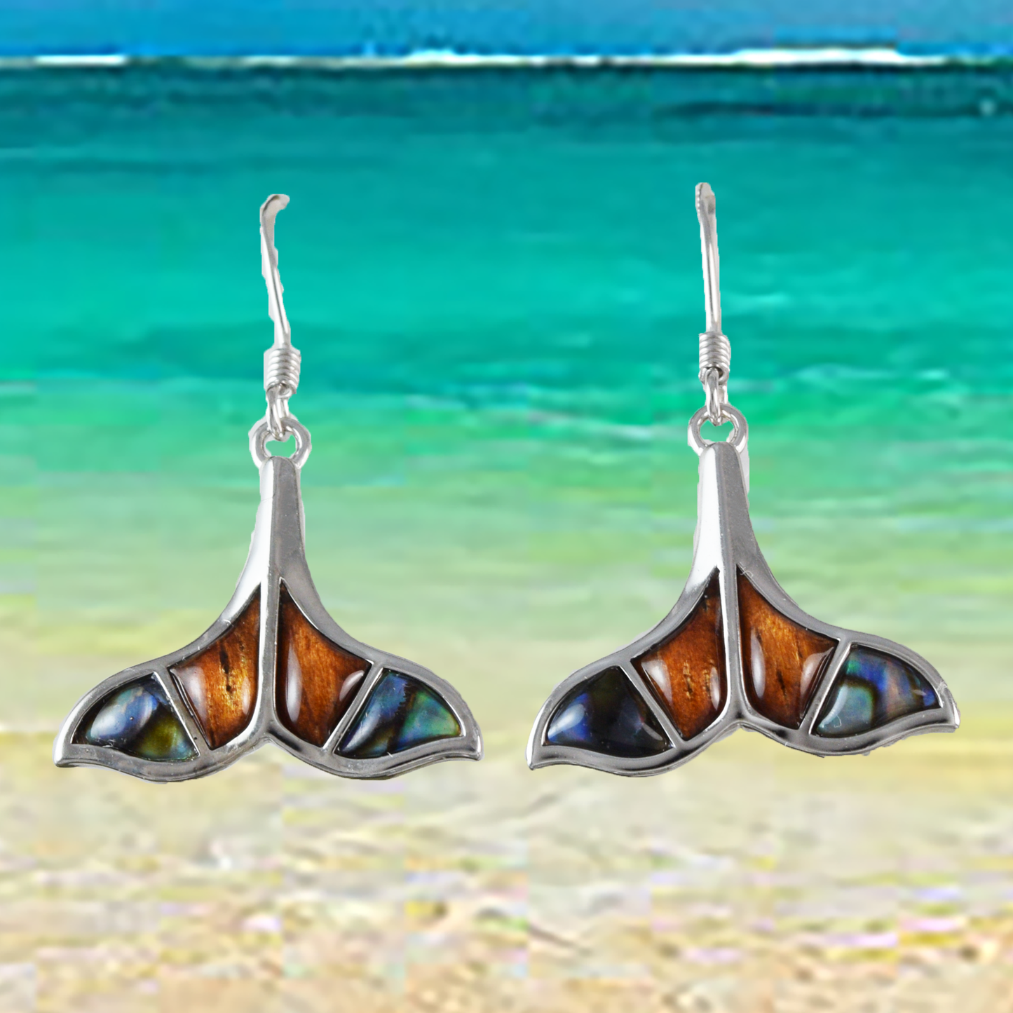 Silver Whale Tail Koa Wood Abalone Earrings - Hawaii Treasures Shop