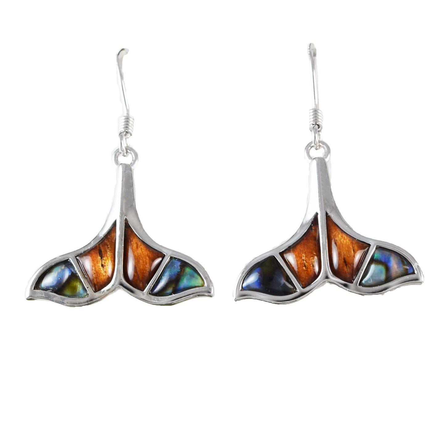 Silver Whale Tail Koa Wood Abalone Earrings - Hawaii Treasures Shop
