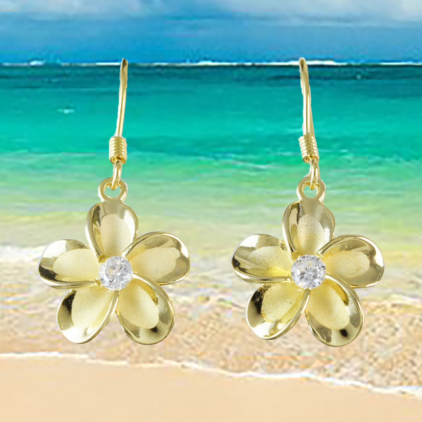 Silver Yellow-Gold Plated Plumeria Dangle Earrings - Hawaii Treasures Shop