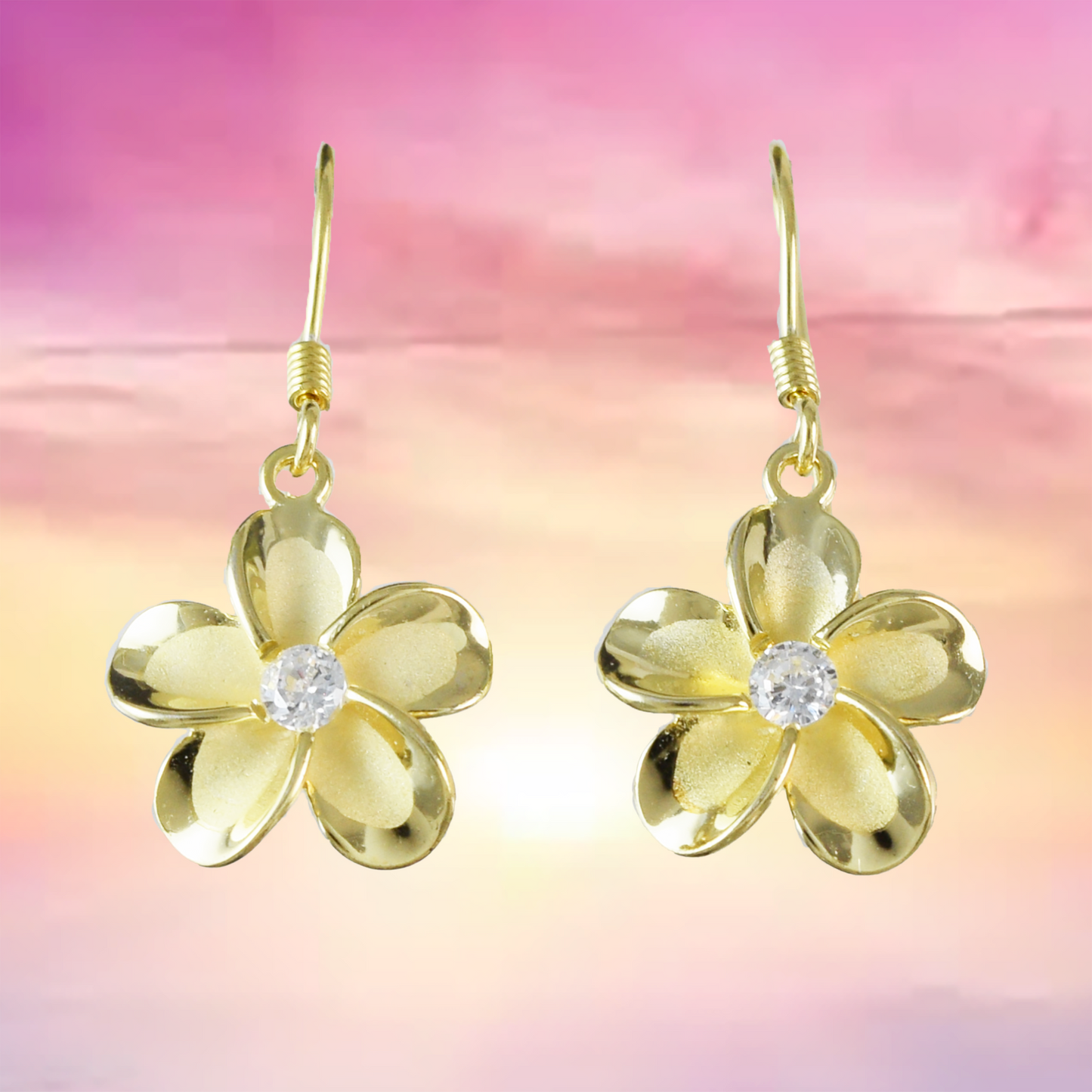 Silver Yellow-Gold Plated Plumeria Dangle Earrings - Hawaii Treasures Shop