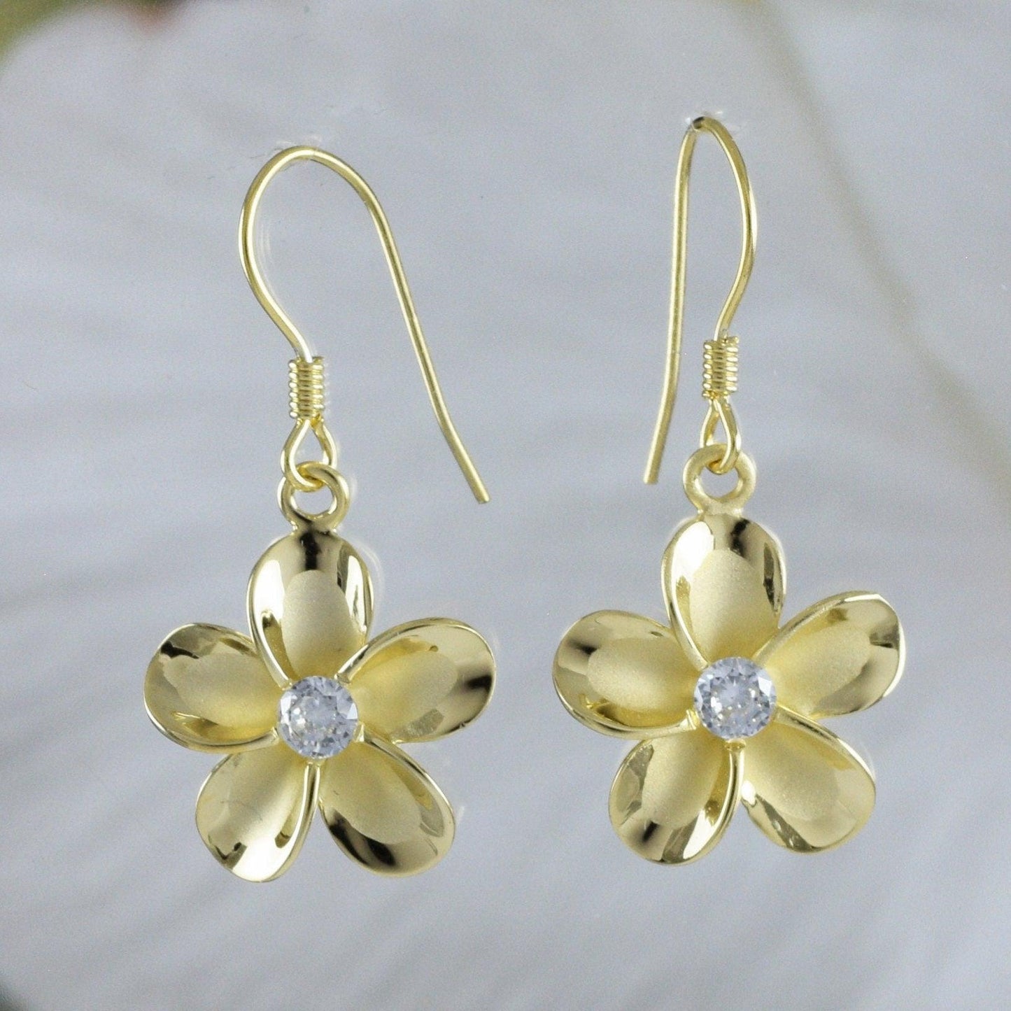 Silver Yellow-Gold Plated Plumeria Dangle Earrings - Hawaii Treasures Shop